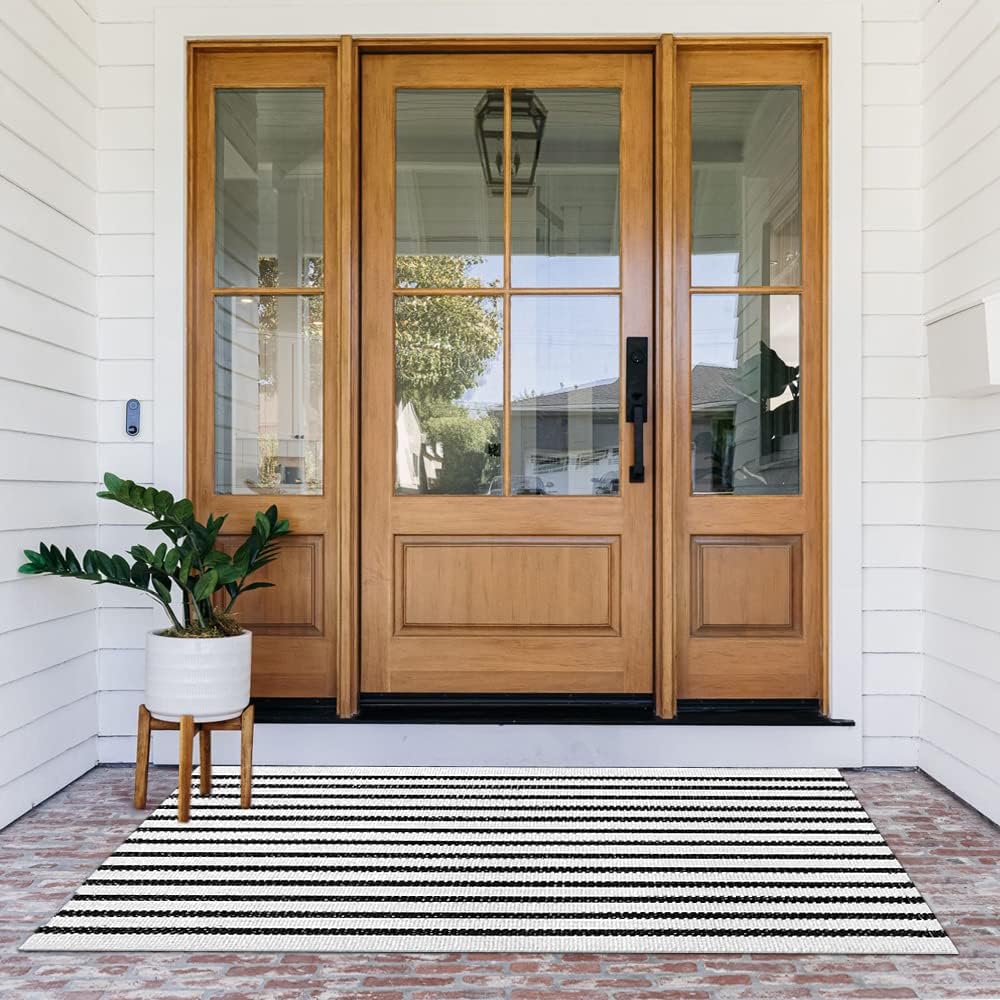 Breezsisan Black White Striped Rug Outdoor Door Mat Rug