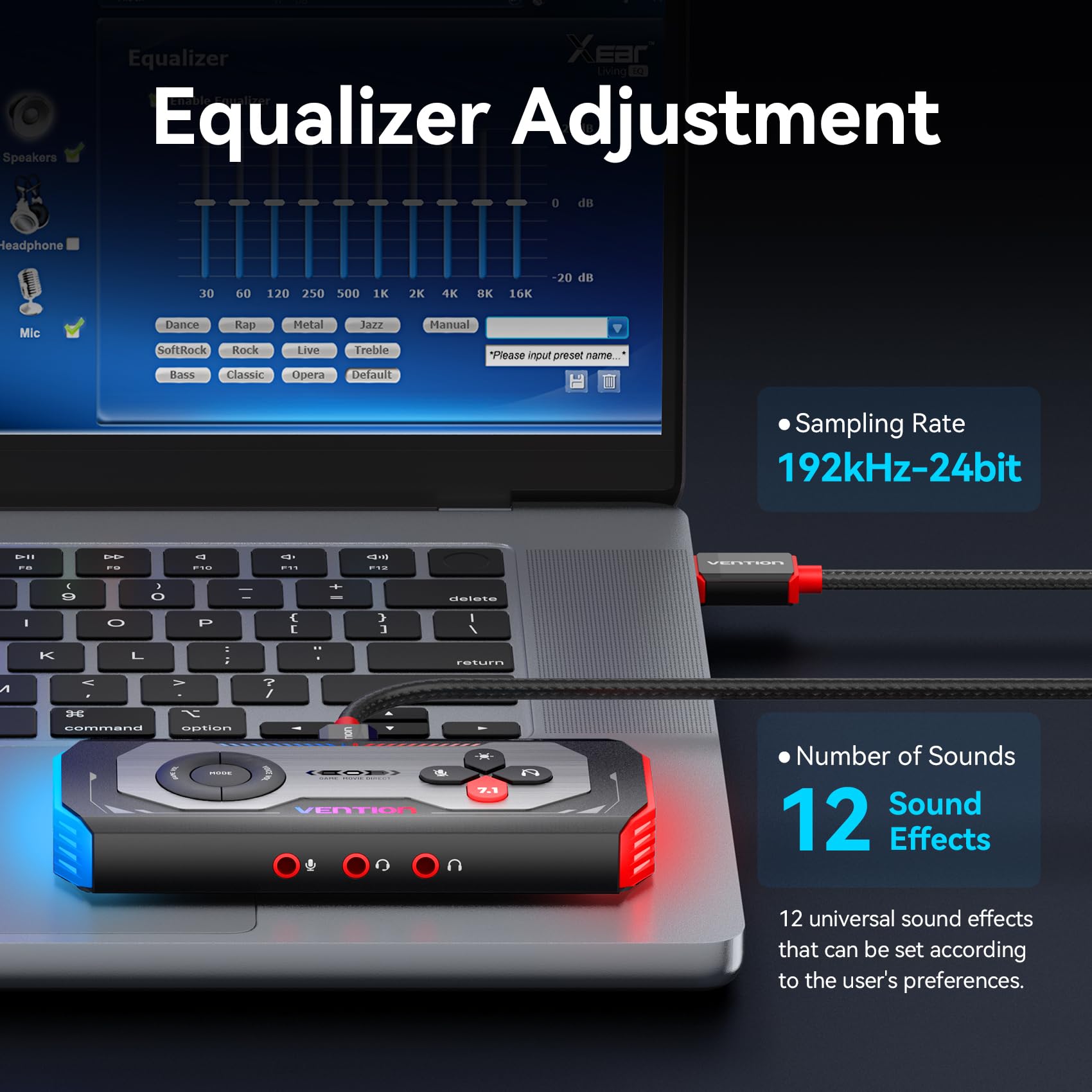 VENTION Tarjeta de sonido USB externa 7.1 DAC para juegos, sonido envolvente virtual 7.1, 24 bits/192 KHz, sistema de luz RGB, amplificador de audio para juegos compatible con PS5, PS4, Xbox One,