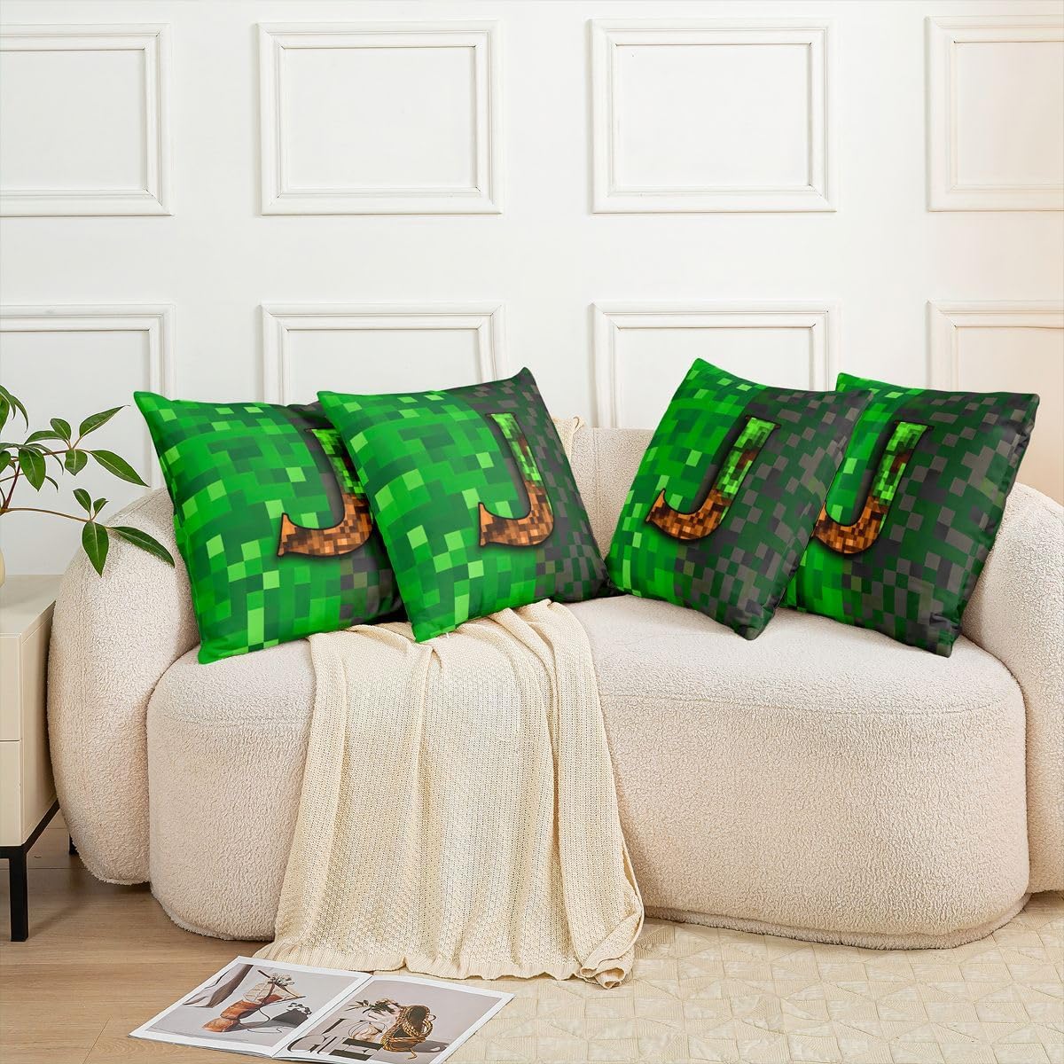 Castle Fairy Pixelated Blocks Throw Pillow Covers 24"x24" Set of 2 Letter J 3D Printed Cushion Covers for Living Room Video Gaming Theme Decorative Pillowcases Green J Soft Pillow Cases image 5