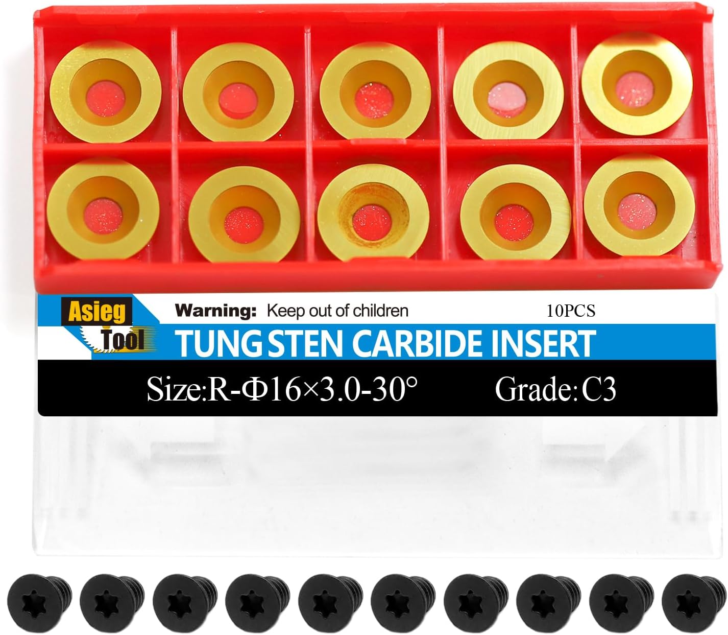 Asieg Tool Ci0 16mm Round TIN Carbide Inserts Cutters Knifes Titanium plating Indexable Replacement with Screws Fits For Full Pro Size DIY Wood Turning Finisher Hollower Tools Woodworking Lathe 10pcs