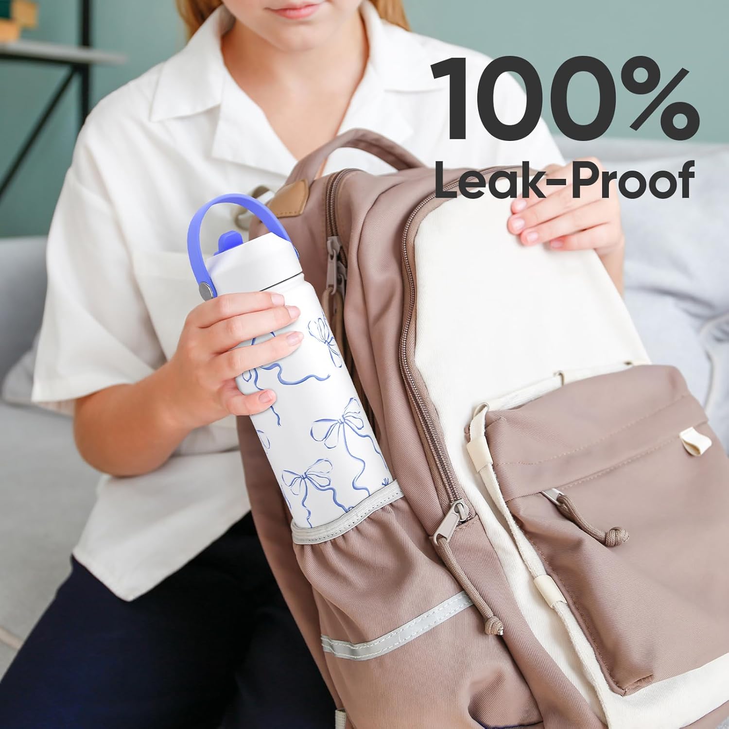 18 oz Blue Bow Water Bottle with Straw, Leak Proof, Insulated Stainless Steel with Handle, Reusable, Metal, Backpack-side Fit (Breeze Blue Bow) - Image 2