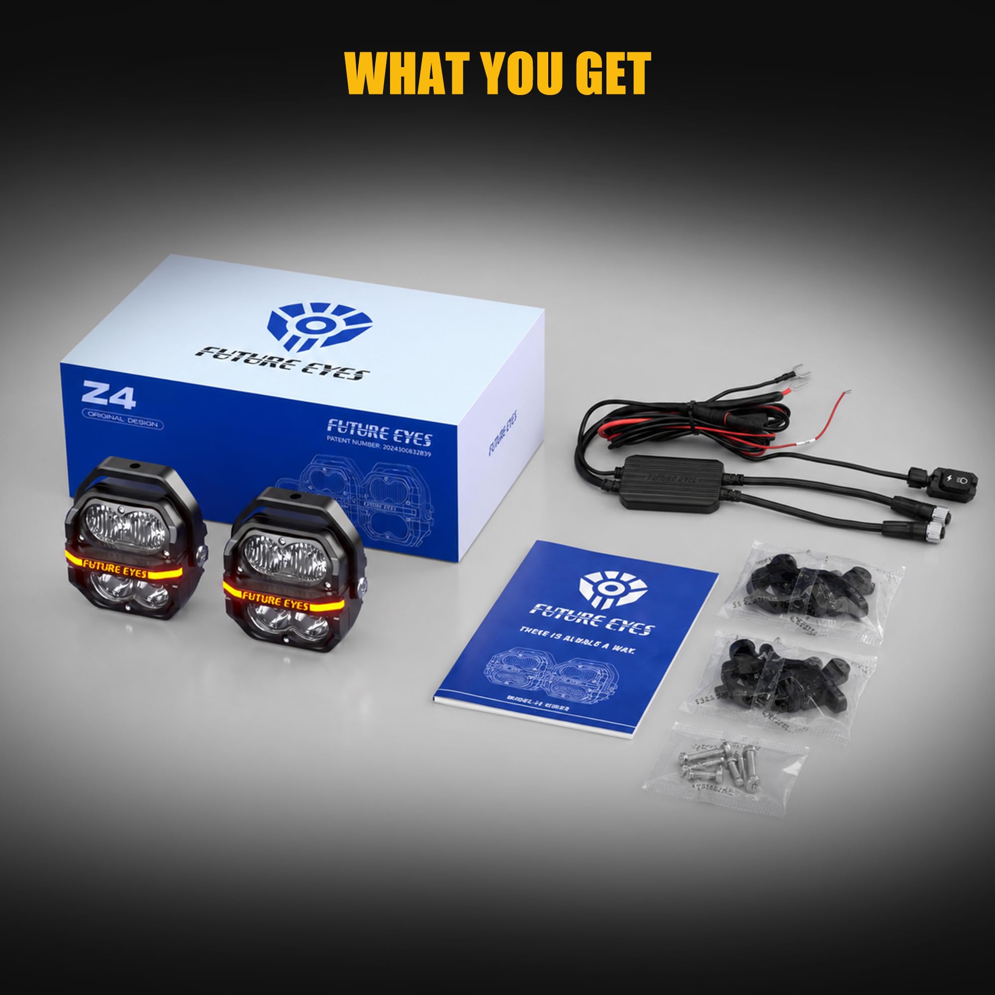 Future Eyes Fari LED Moto Supplementari, 12000LM 120W Omologati CE E-Mark E57 Fari LED IP67 Impermeabili Faretti 4 Lenti 800M Lungo Raggio Supporto Regolabile 360°