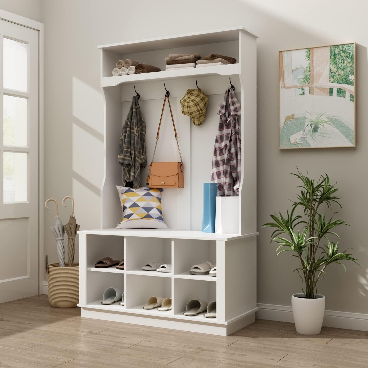 AIEGLE Hall Tree with Bench and Shoe Storage, 3-in-1 Entryway Hall Tree with Coat Rack, 6 Shoe Storage Cube and 4 Hanging Hooks, White (39.8" L x 17.3" W x 67.1" H)