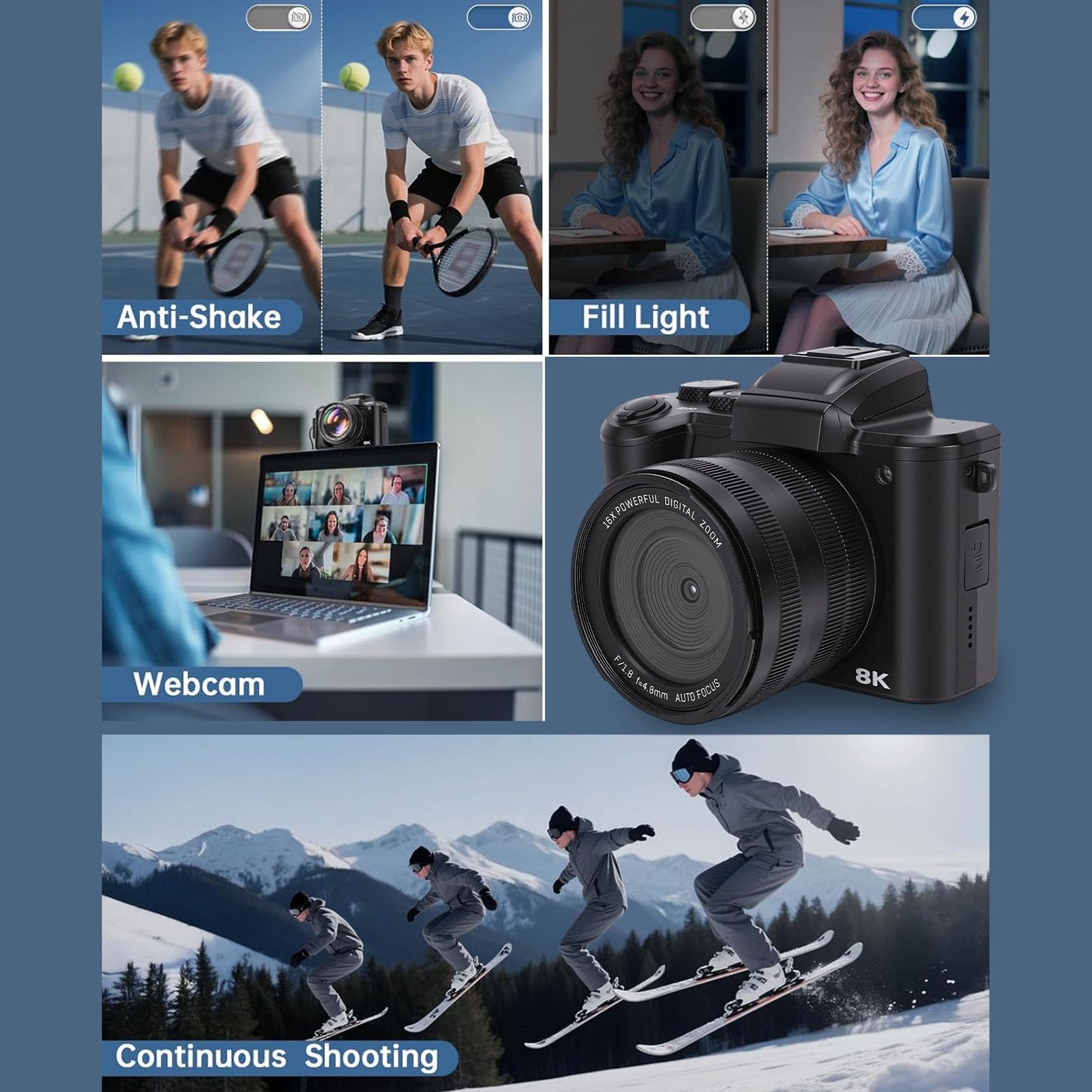 VBESTLIFE Cámara Digital 8K, Lente Dual de 88MP Pantalla Táctil de 3,2 Pulgadas WiFi Zoom Digital 16X, con Estabilización de 6 Ejes, para Vlogging y Fotografía