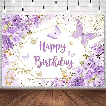 Sensfun Purple Floral Butterfly Birthday Backdrop for Women Girls Flowers Glitter Gold Dots Photography Background Butterflies Happy Birthday Party Decorations Cake Table Banner Photo Booth 7x5ft