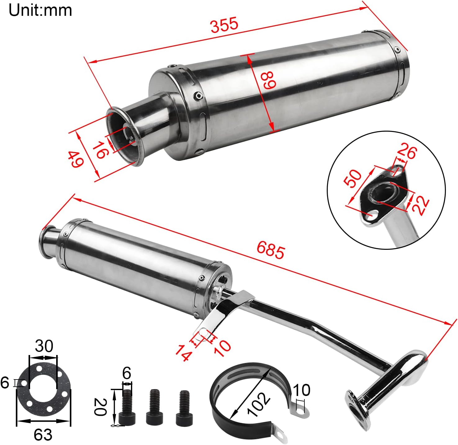 FLYPIG Exhaust Pipe Exhaust Muffler for GY6 QMB139 Scooters 139QMB 1P39QMB 4 Stroke 50cc Chinese Scooters Moped for Roketa Baja Sunl Jonway