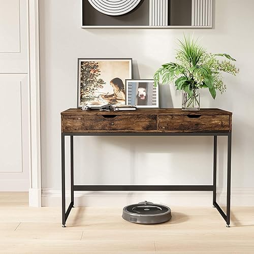 Miniatura 6 de Bestier Escritorio rectangular pequeño para oficina, estación de trabajo, tocador, maquillaje, estilo simple, minimalista, elegante, con 2 cajones