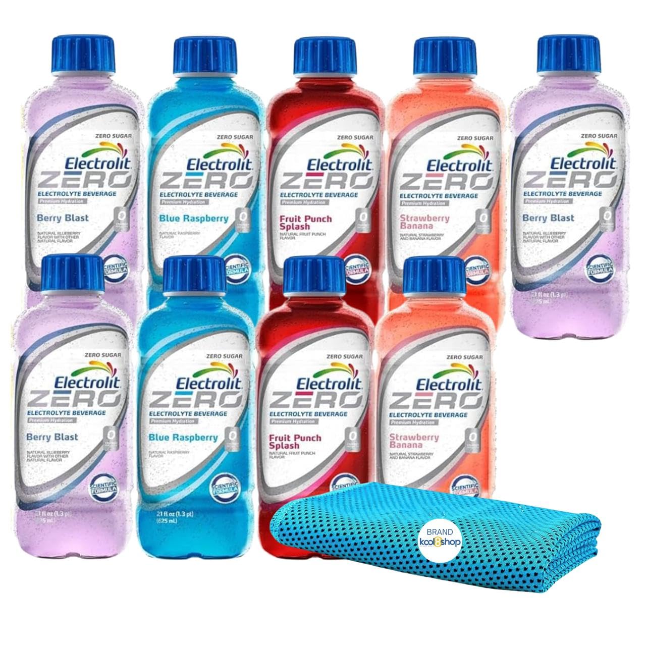 Electrolit Zero Fruit Punch Splash Hydration Drink with Electrolytes 21 fl oz Plastic Bottle 9 Pack + 1 Microfiber Cooling Towel by KOOL8SHOP Infinite Deals