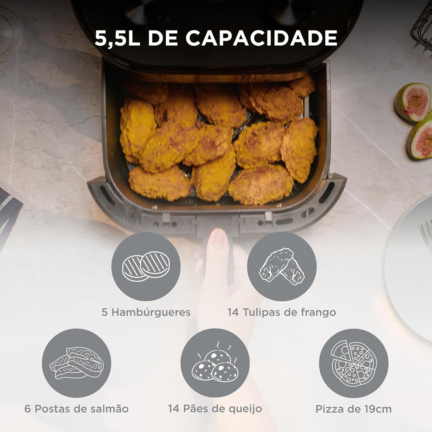 Fritadeira Midea Air Fryer 5,5L, design de dois botões, ampla faixa de temperatura de 80°C a 200°C, cesto antiaderente e prato para vegetais, 1900W, 220V, FWM55P2