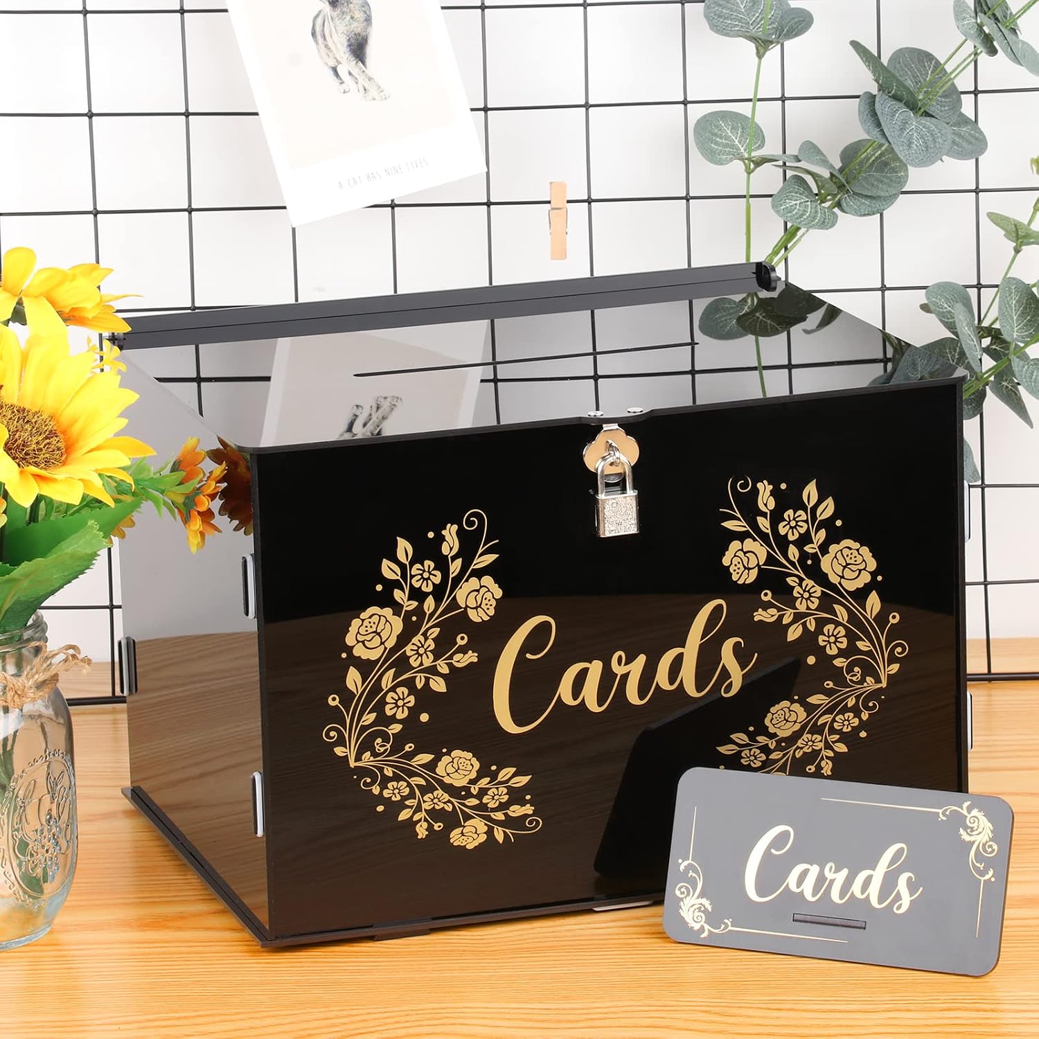 Black Acrylic Wedding Card Box Card Boxes with Lock and Card Sign, Gift Card Box Money Box Holder for Wedding Reception Anniversary Birthday Party Baby Shower Graduation (12.2 x 9.3 x 8.3 Inch)