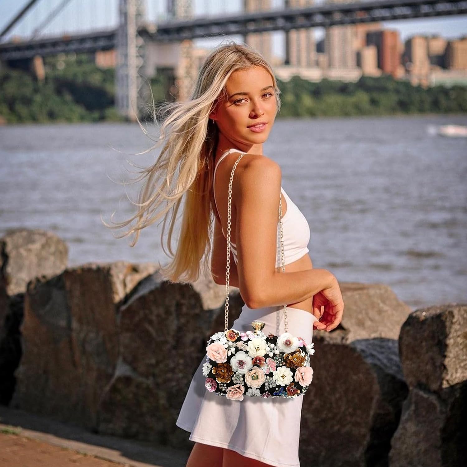 Women's Floral Evening Clutch Bag - Colorful Flower Handbag with Metal Rhinestones