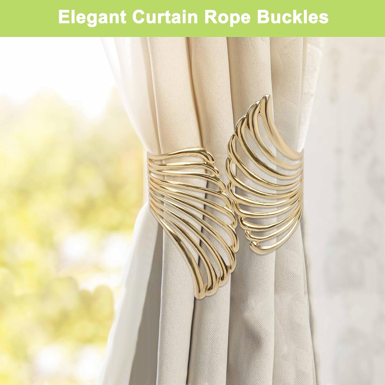 Curtain Tie Backs, 2Pcs Zinc Alloy Decorative Curtain Tiebacks Creative Curtain Rope Buckles Spring Drape Holder Clip for Home Office (Large Gold Hollow Wing)