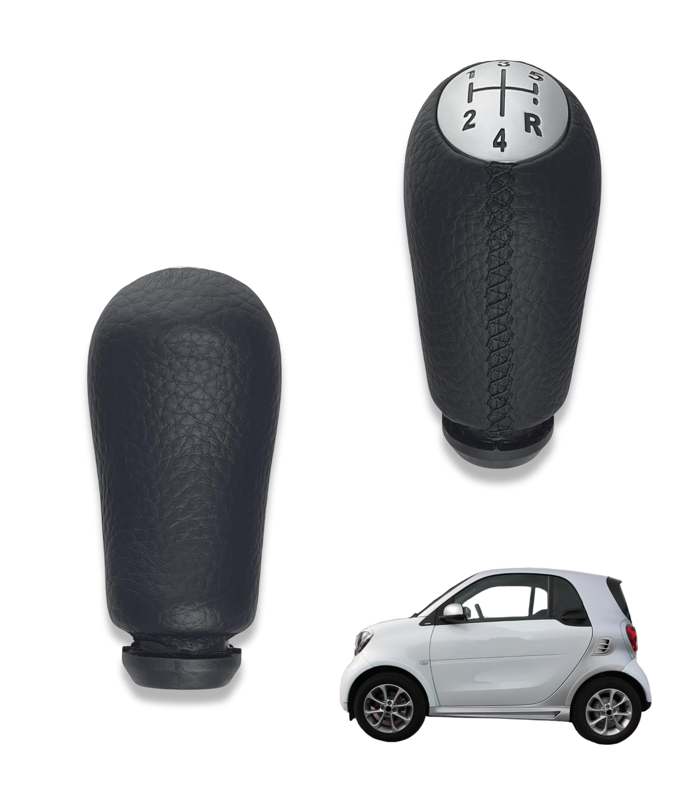 1neiSmartech Pomello Leva Cambio 5 Marce Compatibile con Smart Fortwo III 453 2014–2022 e Forfour W453 2014–2024, Cuciture Nere, con Retromarcia in Basso a Destra