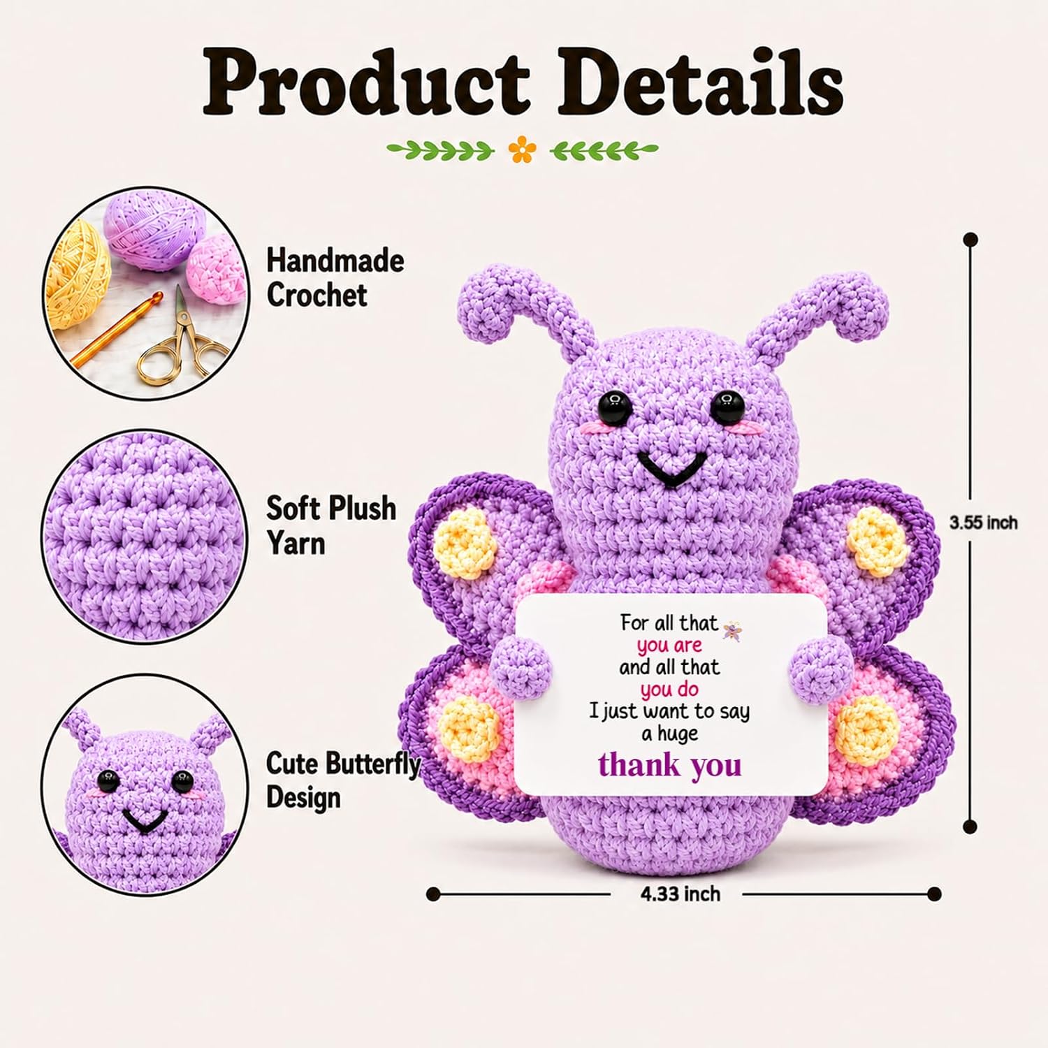 Thank You Appreciation Gifts for Women, Butterfly Gifts for Coworker Employee Teacher Friends, Grateful Graduation Wedding Birthday Emotional Crochet Support Animal Butterfly