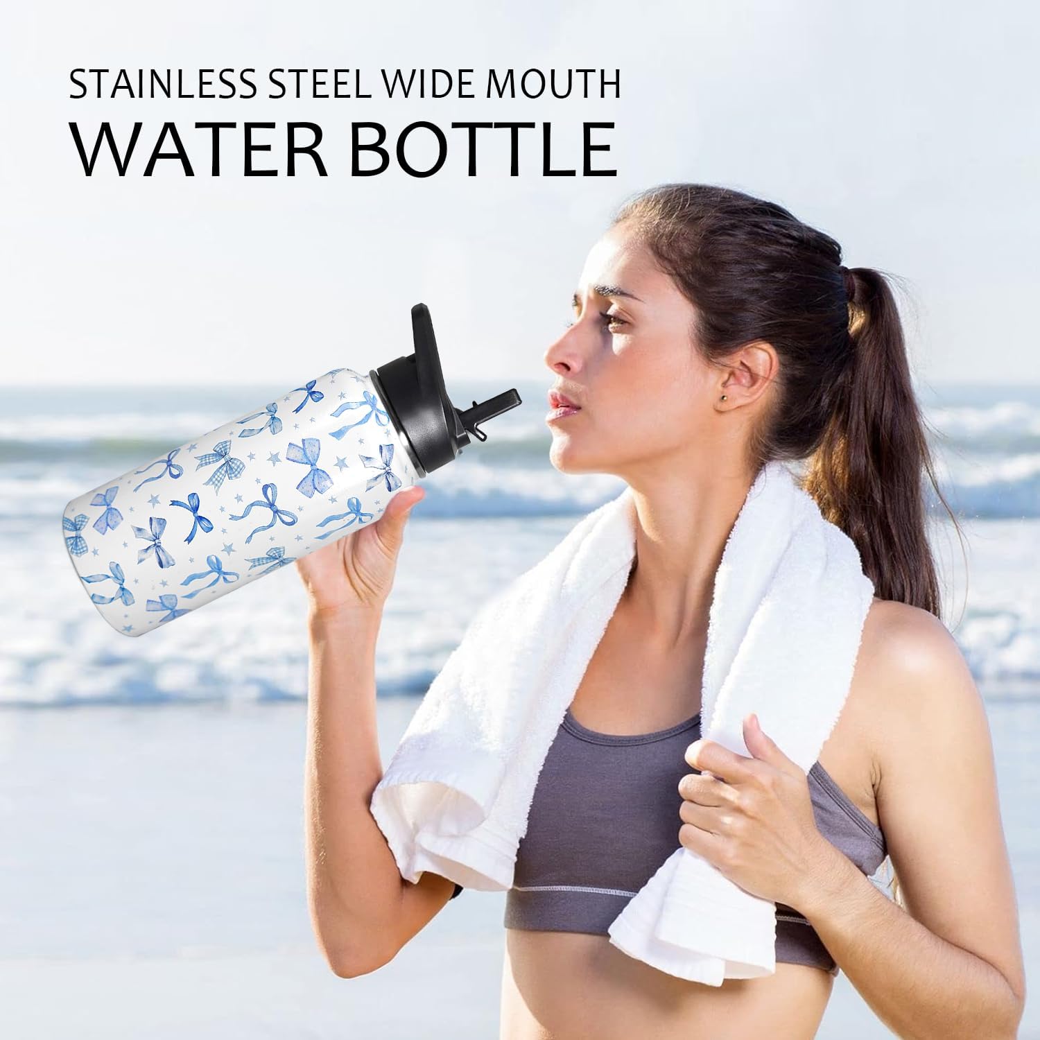 32oz Blue Bow Stainless Insulated Aater Water Bottle with Straw,Bow Gym Hiking Sports Coffee Mug Cup Water Bottles,Bow Gifts for Women,Bow Decor Stuff Accessories