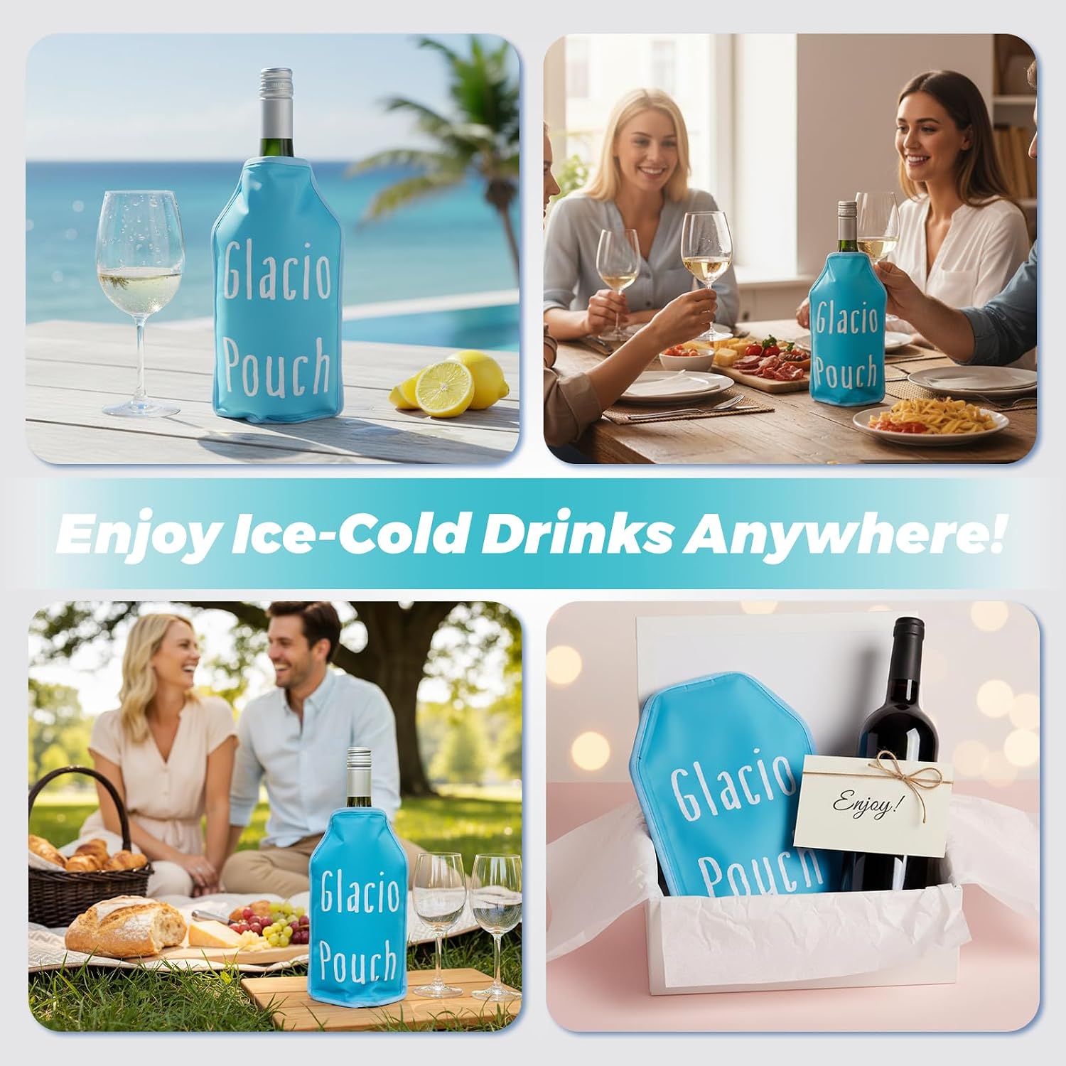 Reusable Wine Chiller Sleeve, Green Freezable Gel Bottle Cooler, Contoured Fit Keeps 750ml Wine/Champagne Cold for Outdoor Picnic Pool Party