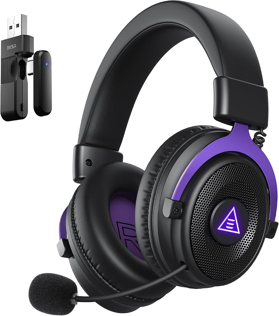 EKSA E900WT Wireless Gaming Headset with Microphone for PC Ps5 Ps4 | 30ms Latency, 2.4 Ghz USB & Type-C & Bluetooth Gaming Headphones , 80Hrs Battery, LED Light