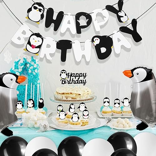 Miniatura 6 de Gejoy 48 piezas de decoración de fiesta de cumpleaños de pingüinos, incluye pancarta de pingüino de feliz cumpleaños, globos para caminar,