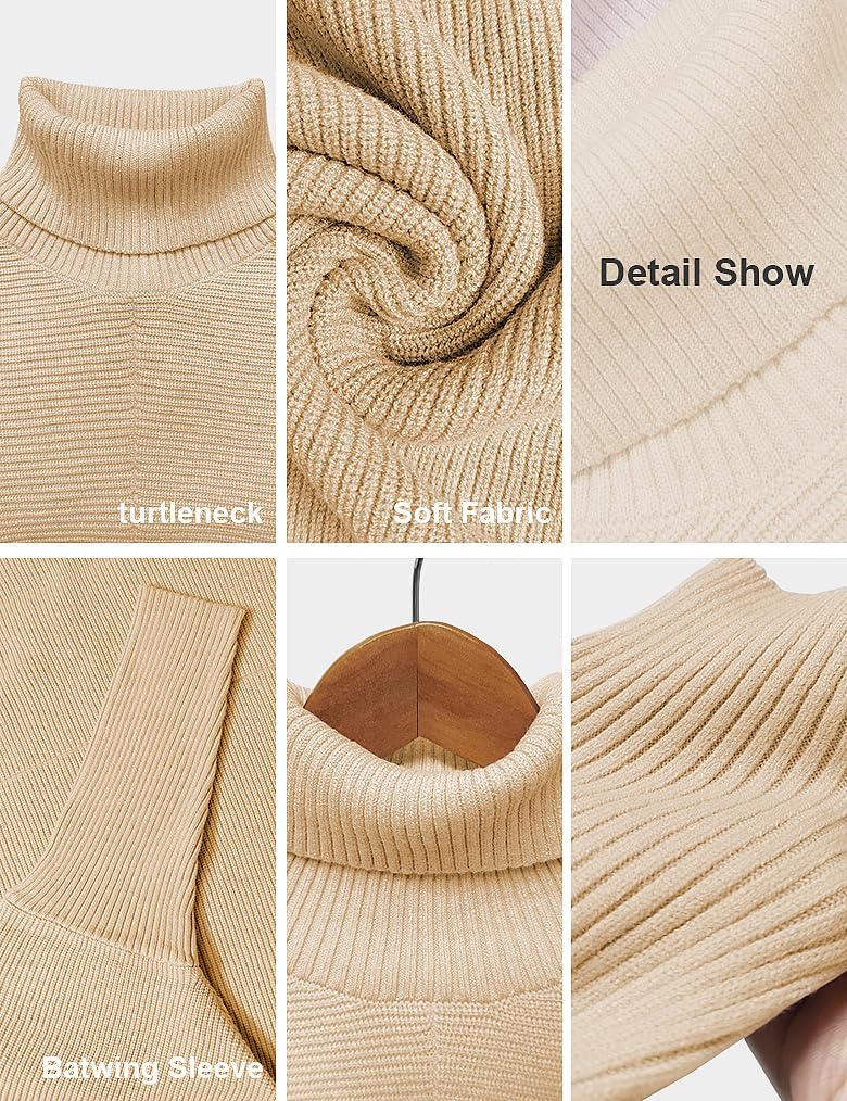 Poetsky Womens Long Sleeve Turtleneck Sweaters Oversized Knit Loose Asymmetrical Hem Pullover Tunic Tops