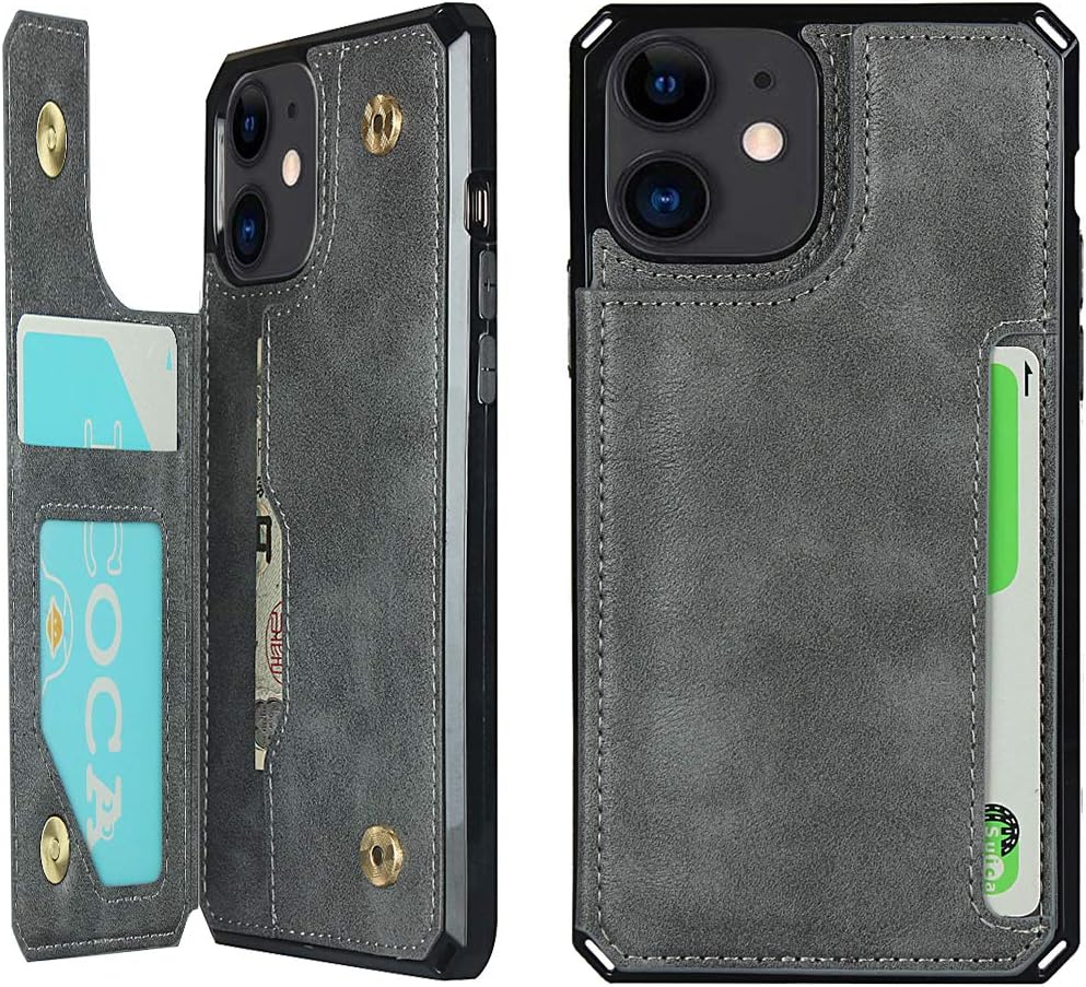 Cavor for iPhone 12 Mini (5.4") Case, Wallet Case with Card Holder [4 Card Slots] [Wrist Strap] PU Leather Flip Shockproof Cover for iPhone 12 Mini - Gray