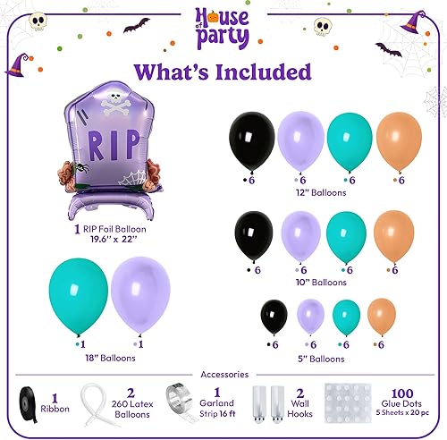 Miniatura 2 de HOUSE OF PARTY Kit de arco de globos de Halloween  1812105 pulgadas, globos negro, morado, naranja y verde azulado con globo grande de papel de