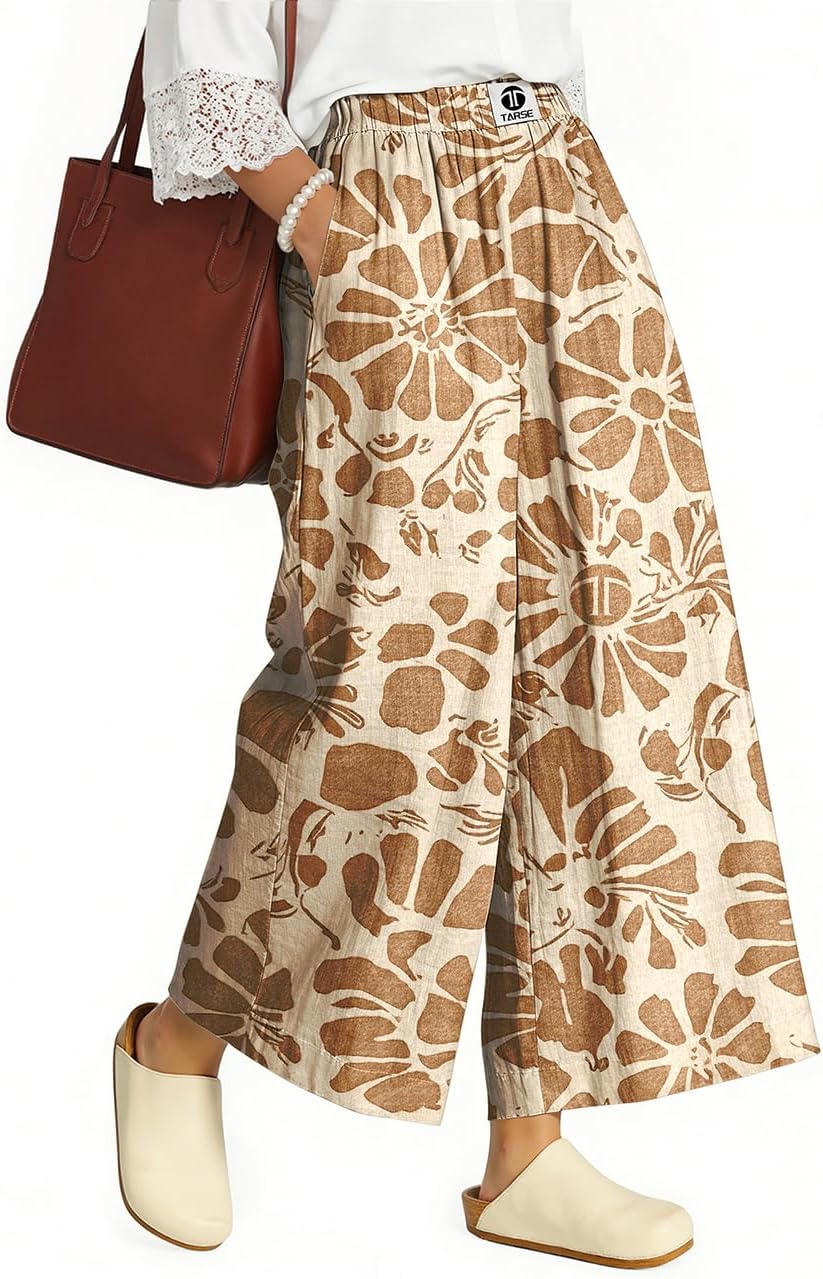 TARSE Womens Wide Leg Linen Capri Pants Summer Elastic Waist Palazzo Trousers Bottoms with Pockets