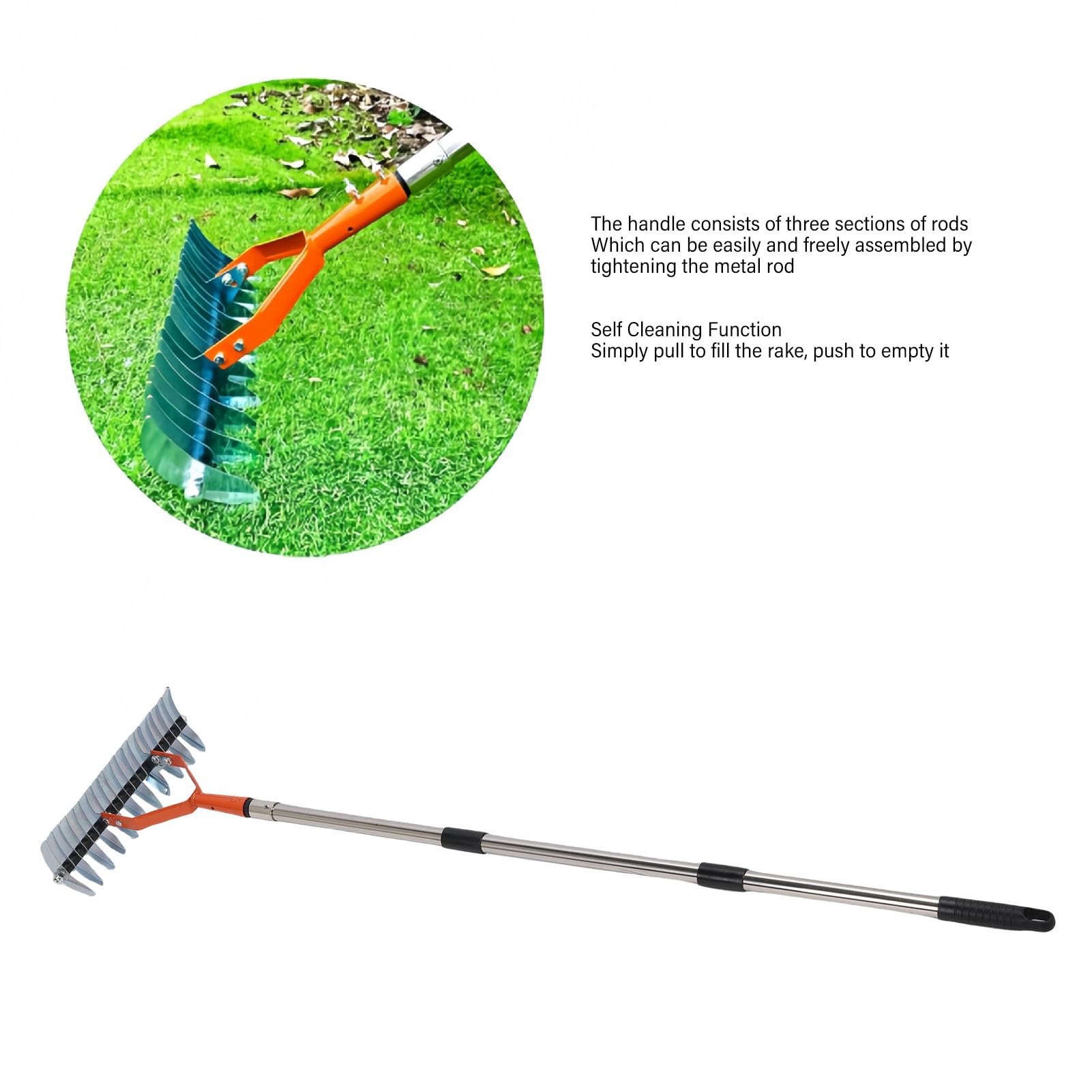 Reetrechen, 52 Zoll Verstellbarer Griff und 13 Zoll Breiter Kopf mit Gebogenen Stahlzinken, Rasenvertikutiererrechen, Gartenrechen mit Gepolstertem Griff für Effizientes Entfernen von Reet