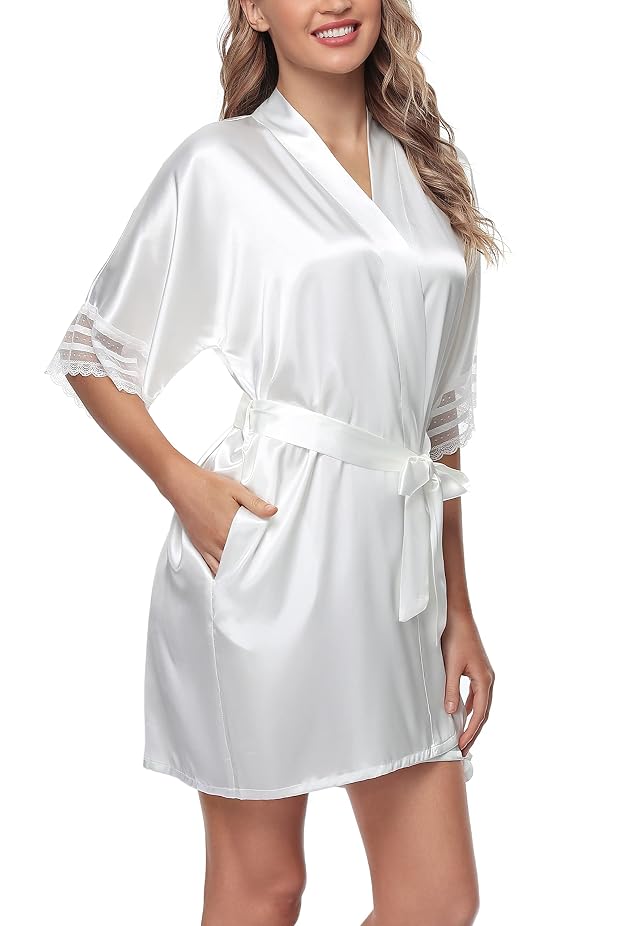 The Bund Womens Silk Robes Lace Trim Sexy Satin Bathrobe Lightweight Wedding Kimono Robe for Bride Bridesmaids