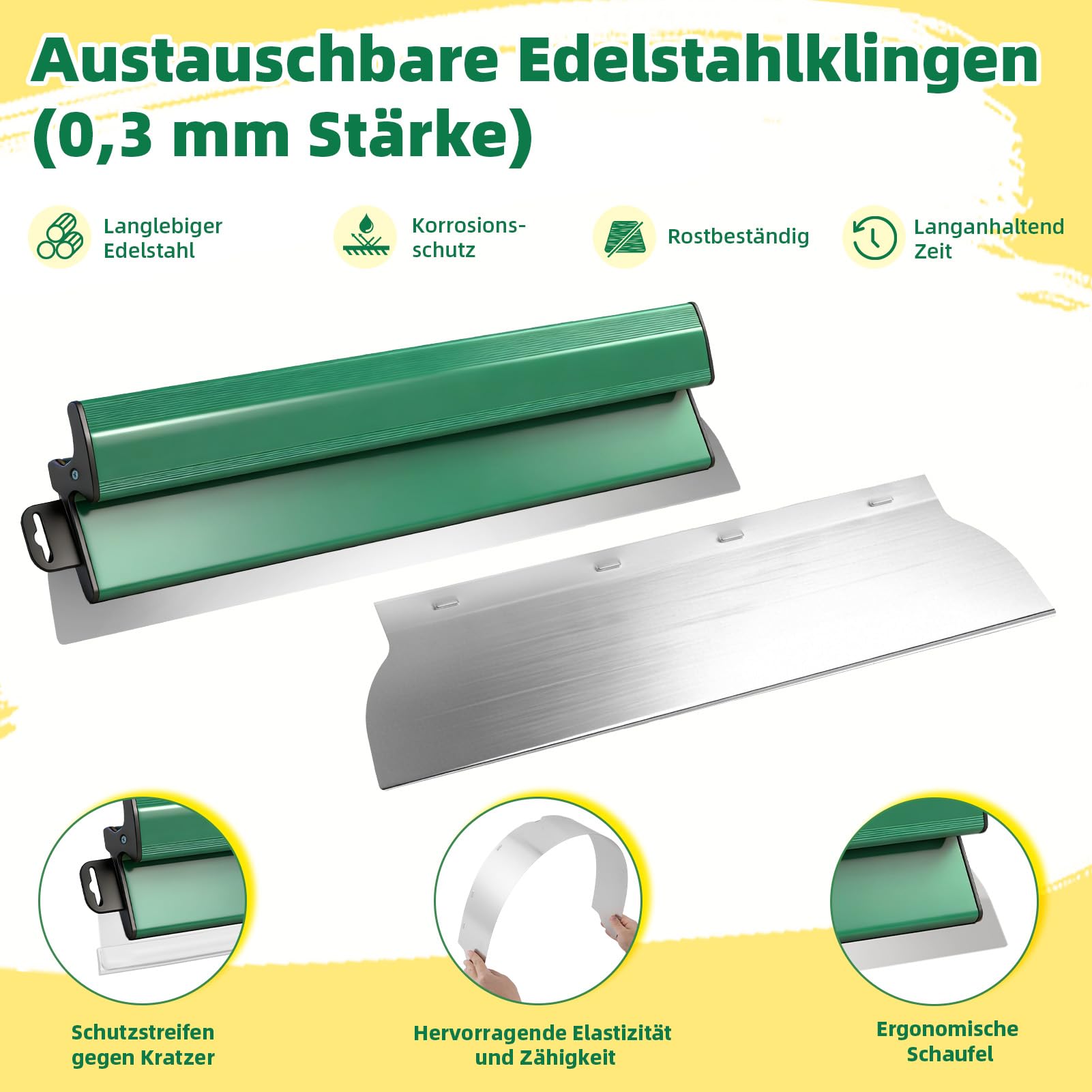Flächenspachtel Set 4-teilig 25/40/60/80 cm mit Teleskopstange (84-150 cm) – Edelstahl Glättspachtel für Trockenbau, Putz, Wand & Decke – inkl. 3 kleinen Spachteln für Ecken & Fugen