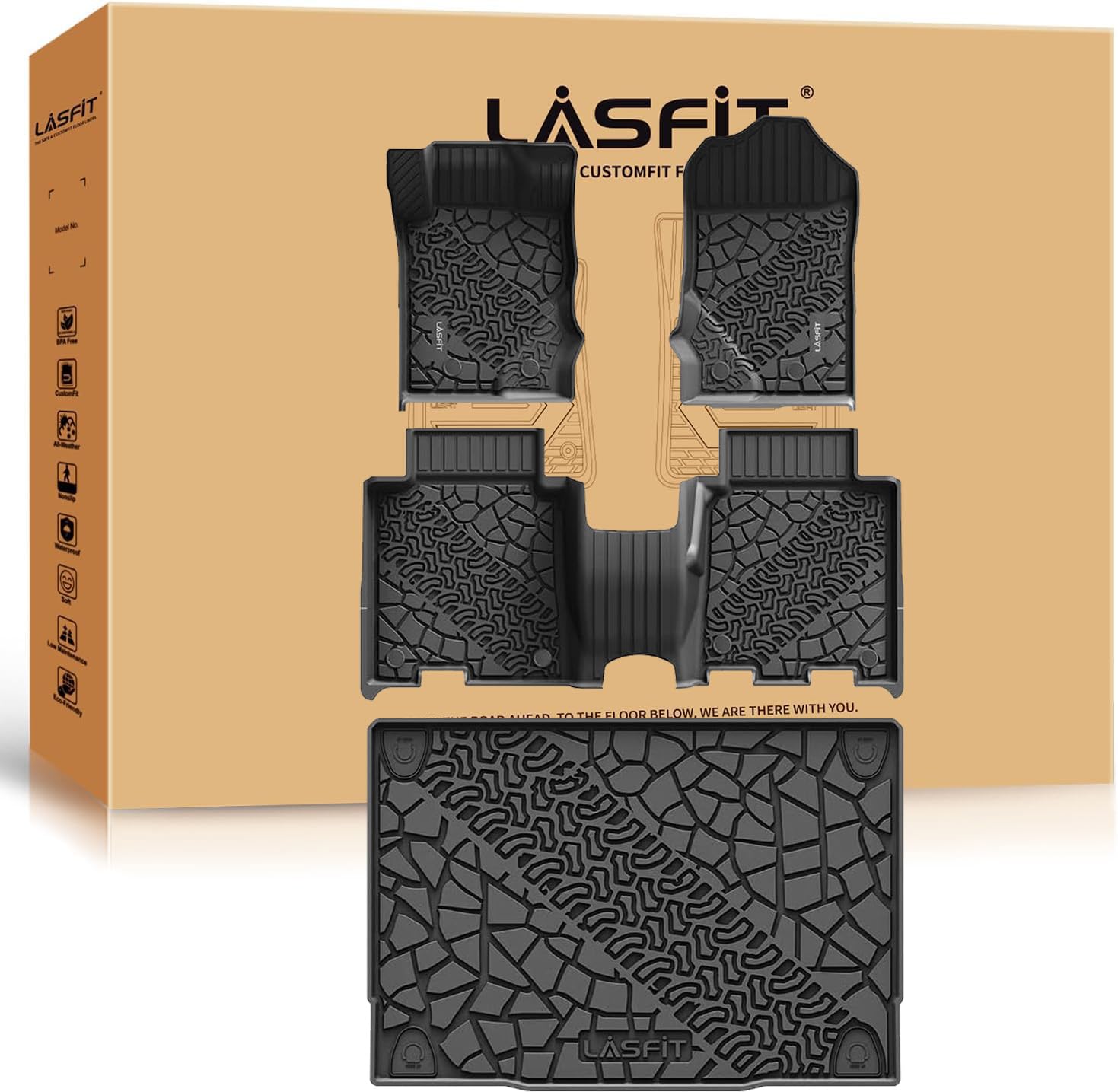 LASFIT Floor Mats Cargo Liner for Ford Bronco 4 Door 2025 2024 2023 2022 2021(Not for Bronco Sport) All Weather TPE Custom Fit SUV Floor Liners Trunk Mat, 1st & 2nd Row & Cargo Liner,4pcs Black