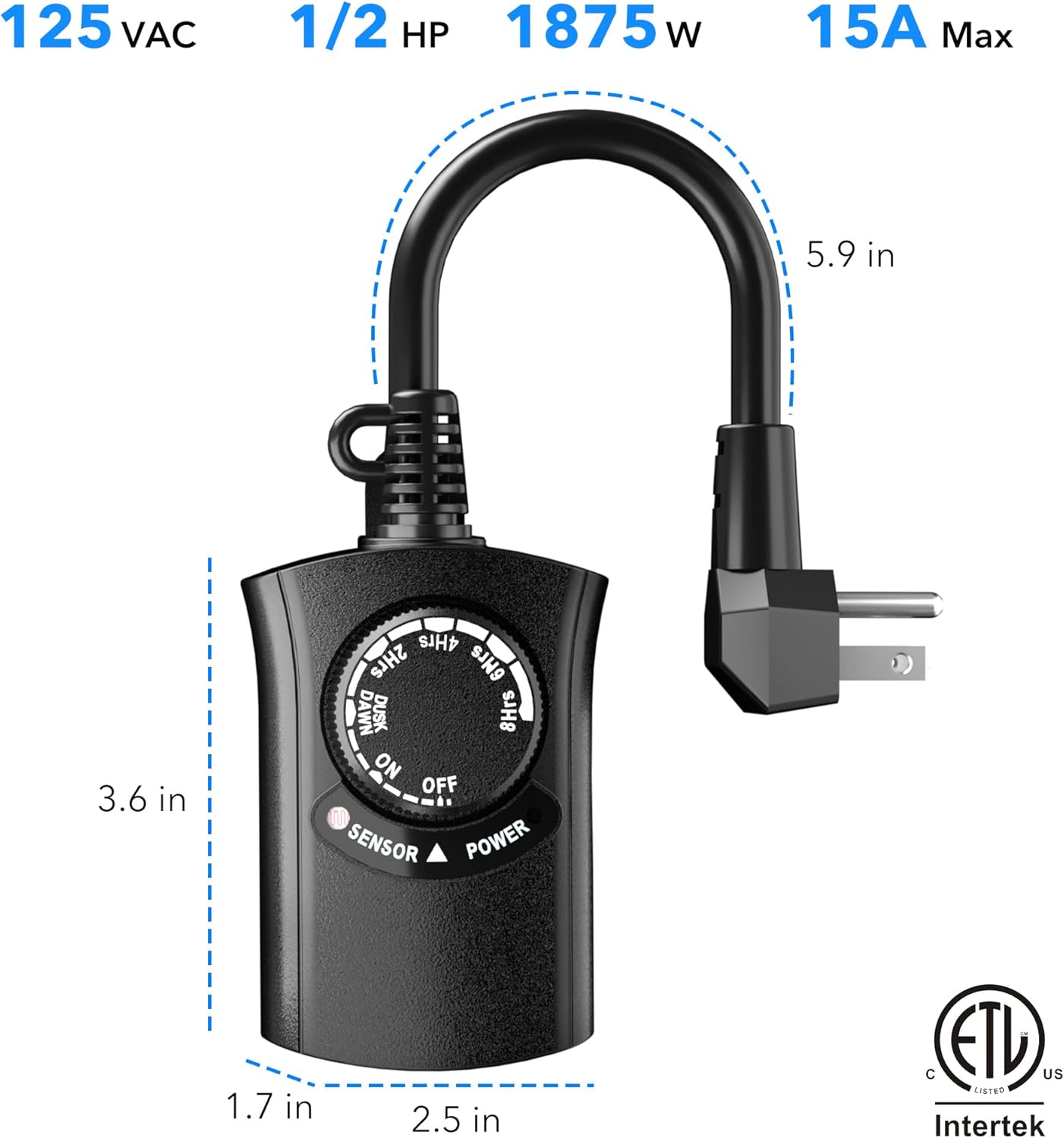 HBN Outdoor Light Timer with dimensions 3.6 inches tall, 2.5 inches wide, 1.7 inches deep, and a 5.9 inch cord. ETL listed.