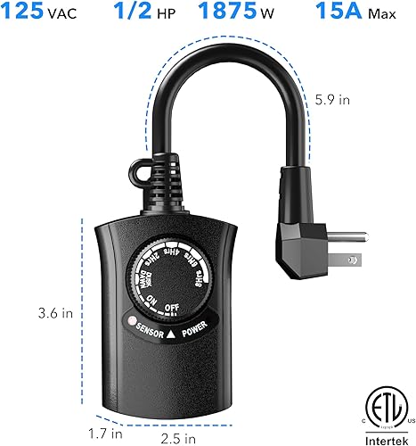 Vista 15 de HBN Temporizador de luz exterior impermeable, resistente a la intemperie, sensor de luz de atardecer a amanecer, temporizador de cuenta regresiva