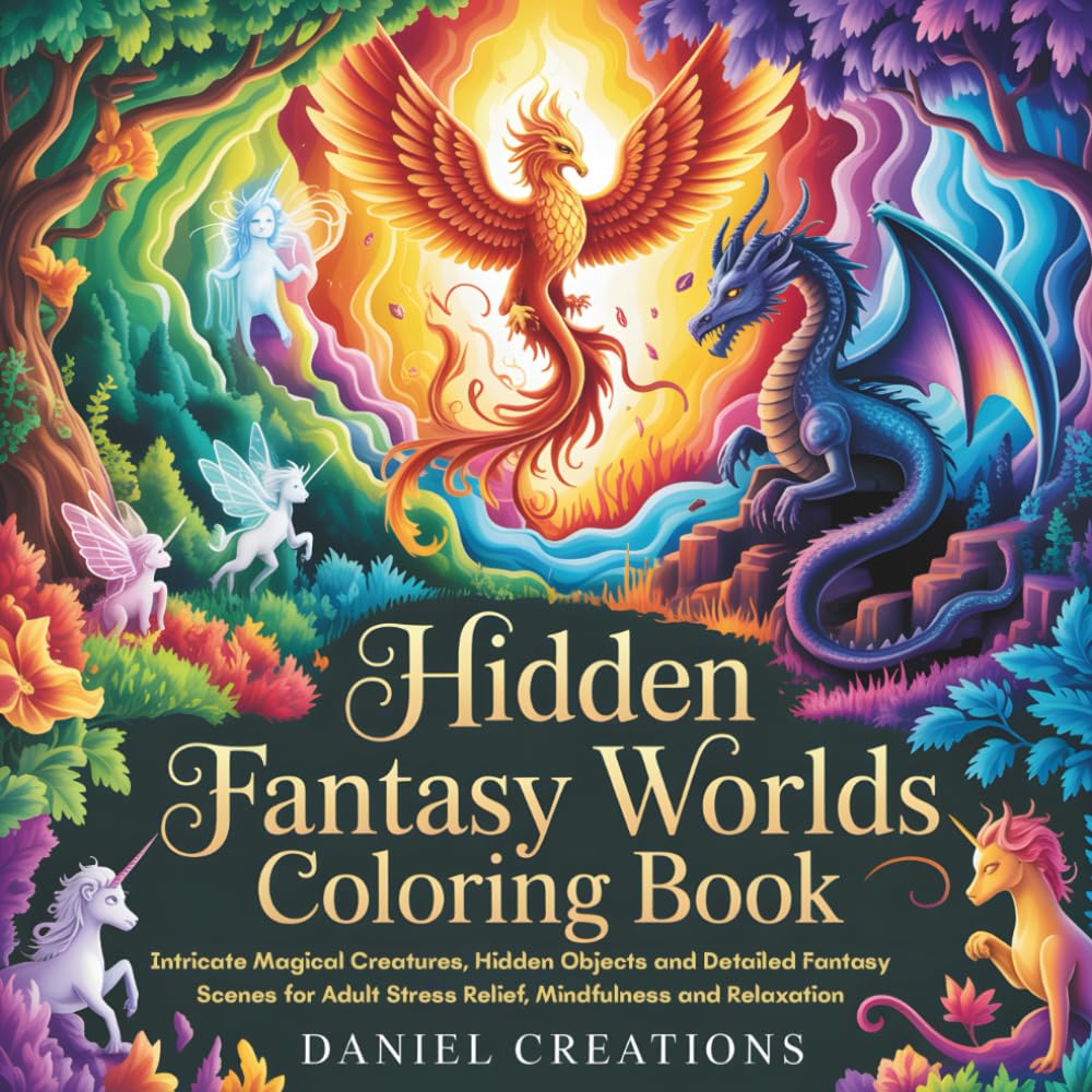 Hidden Fantasy Worlds Coloring Book: Intricate Magical Creatures, Hidden Objects and Detailed Fantasy Scenes for Adult Stress Relief, Mindfulness and Relaxation