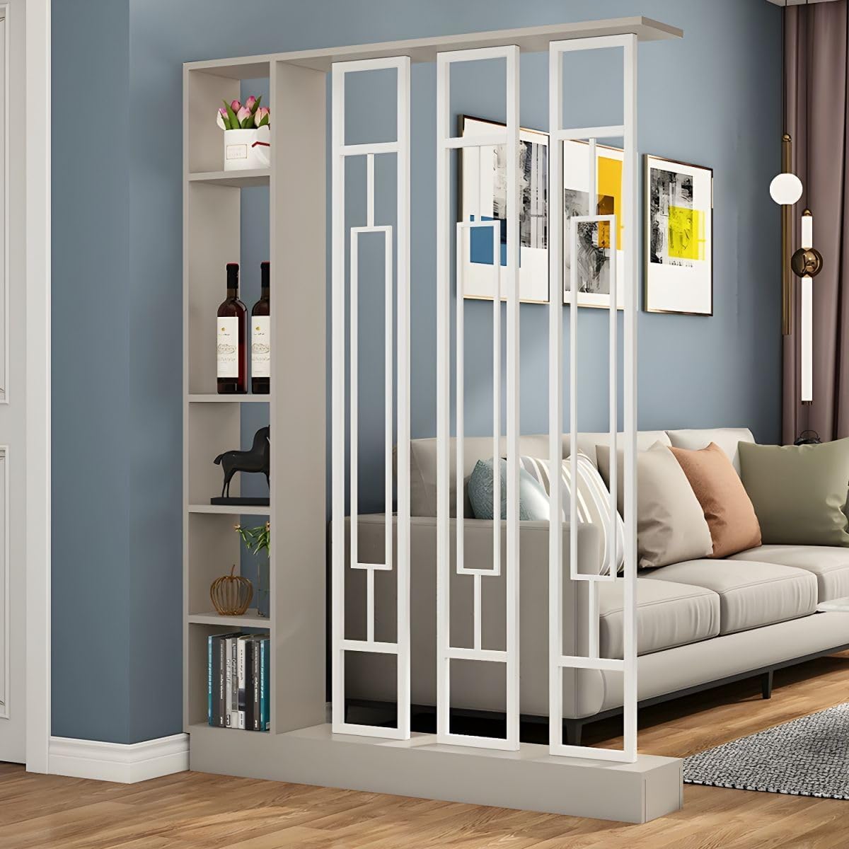 CraftThink Wall Room Divider, Modern Wood Bookshelf with Translucent Screens and Multiple Shelves, Storage Cabinet Display Storage for Home Office Decorative, 31.5" L x 80" H Khaki Gray-Black