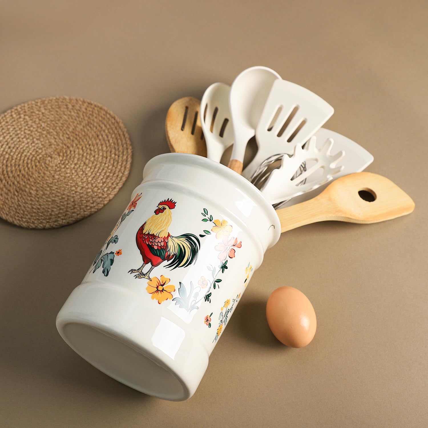 Ceramic Rural Rooster Pattern Kitchen Utensil Holder, Large Cooking Utensil Crocks, Ceramic Utensil Organizer for Spatula, Kitchen, Home Decoration