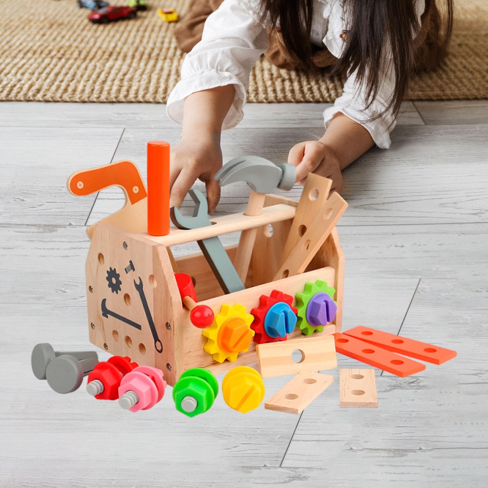 Gralara Kit di Attrezzi in Legno con Scatola, Giocattolo di Costruzione in Legno, Gioco di Ruolo educativo per la Prima Infanzia, Modello di Costruzione per