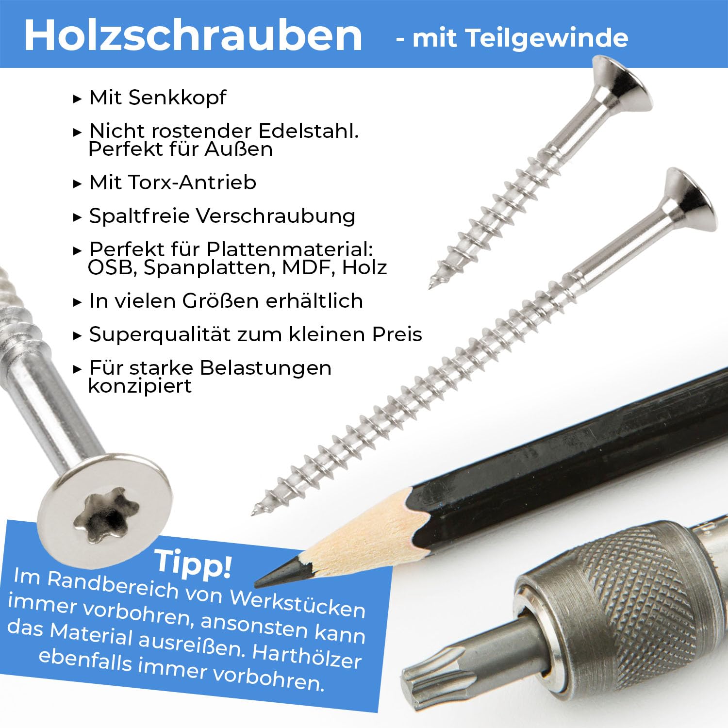 Stahlia Schrauben Holzschrauben Torx 5,0x110mm Spanplattenschrauben Teilgewinde (1000 Stück) Edelstahlschrauben Schrauben Set Universalschrauben Senkkopfschrauben TX10