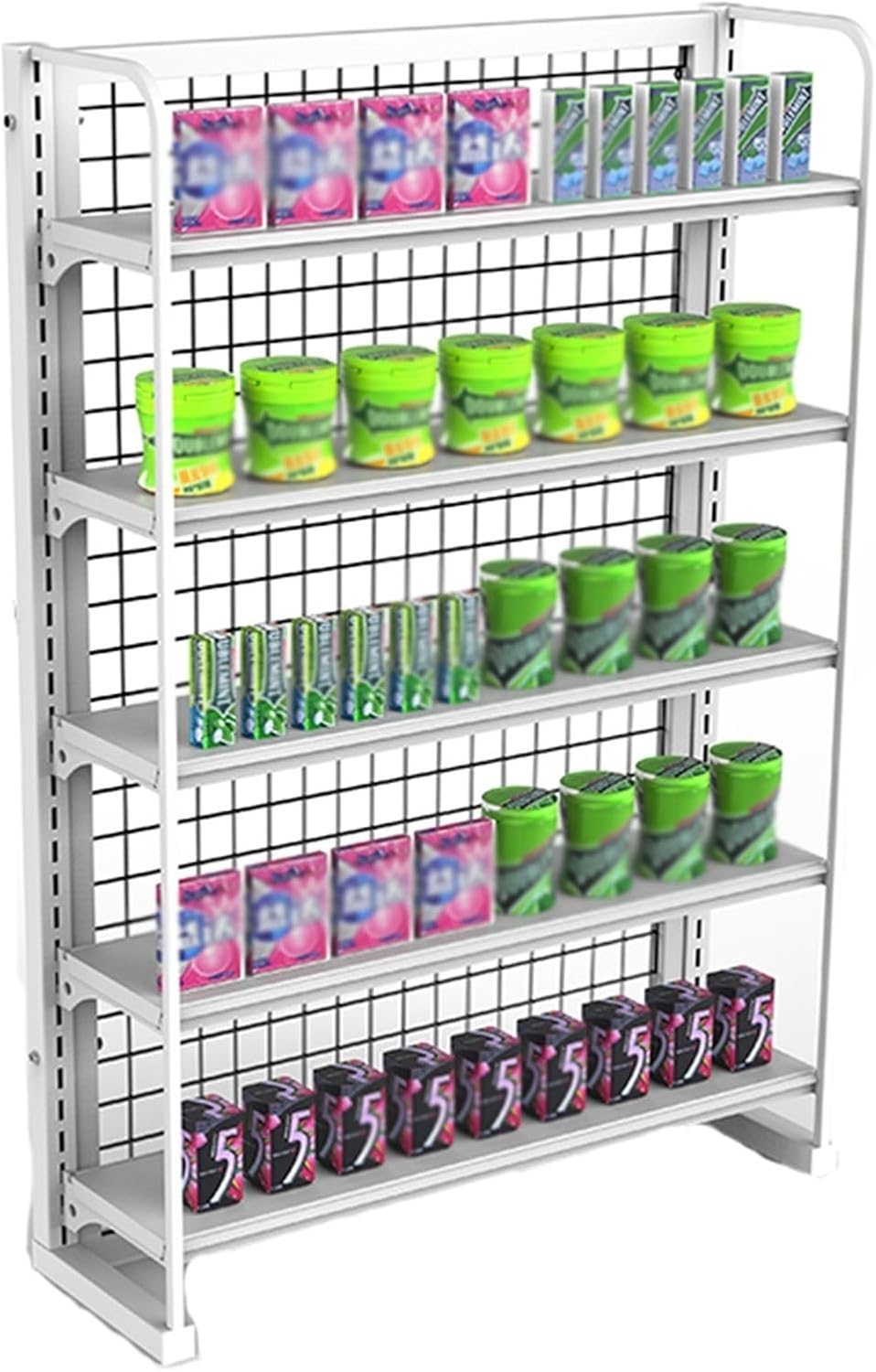 5-Tier Snack Display Rack for Supermarkets & Offices, Adjustable Merchandising Organizer with Labels & Hooks for Chips, Drinks, Cans, Fruits & Spices - WHI