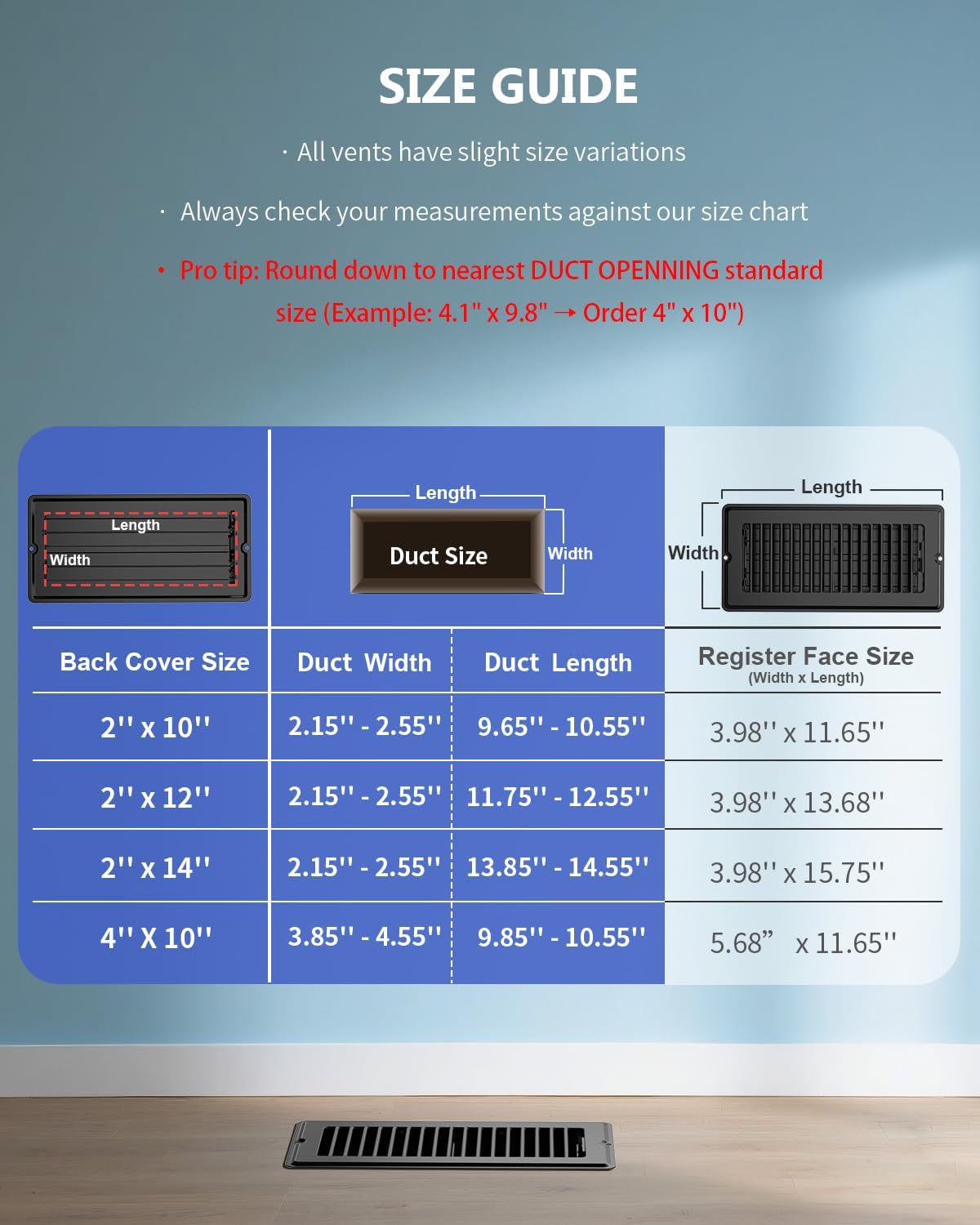 4x10 Floor Regsiter Vent Covers for Home Floor Wall Ceiling - Black with Screws for Easy Installation - Heavy Duty Steel Walkable Finish for Quiet Adjustable Air Vent Cover 4‘’ x 10‘’- 5 Pack