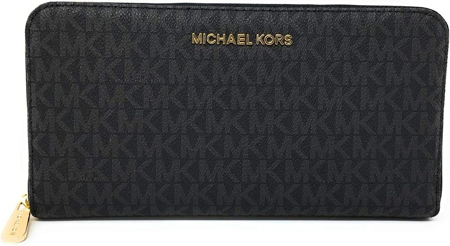 Michael Kors Jet Set Travel Zip Around Travel Wallet (Black PVC/Gold Hardware)