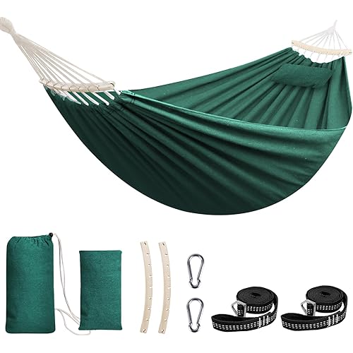 Chihee Cotton Hammock Holds Up to 660lbs Fabric Hammock 8.9x4.9ft Soft Portable Tree Hammocks Camping with Detachable Spreader Bar Pillow 2 Strong Webbings 2 Carabiners Indoor Outdoor Backyard Garden
