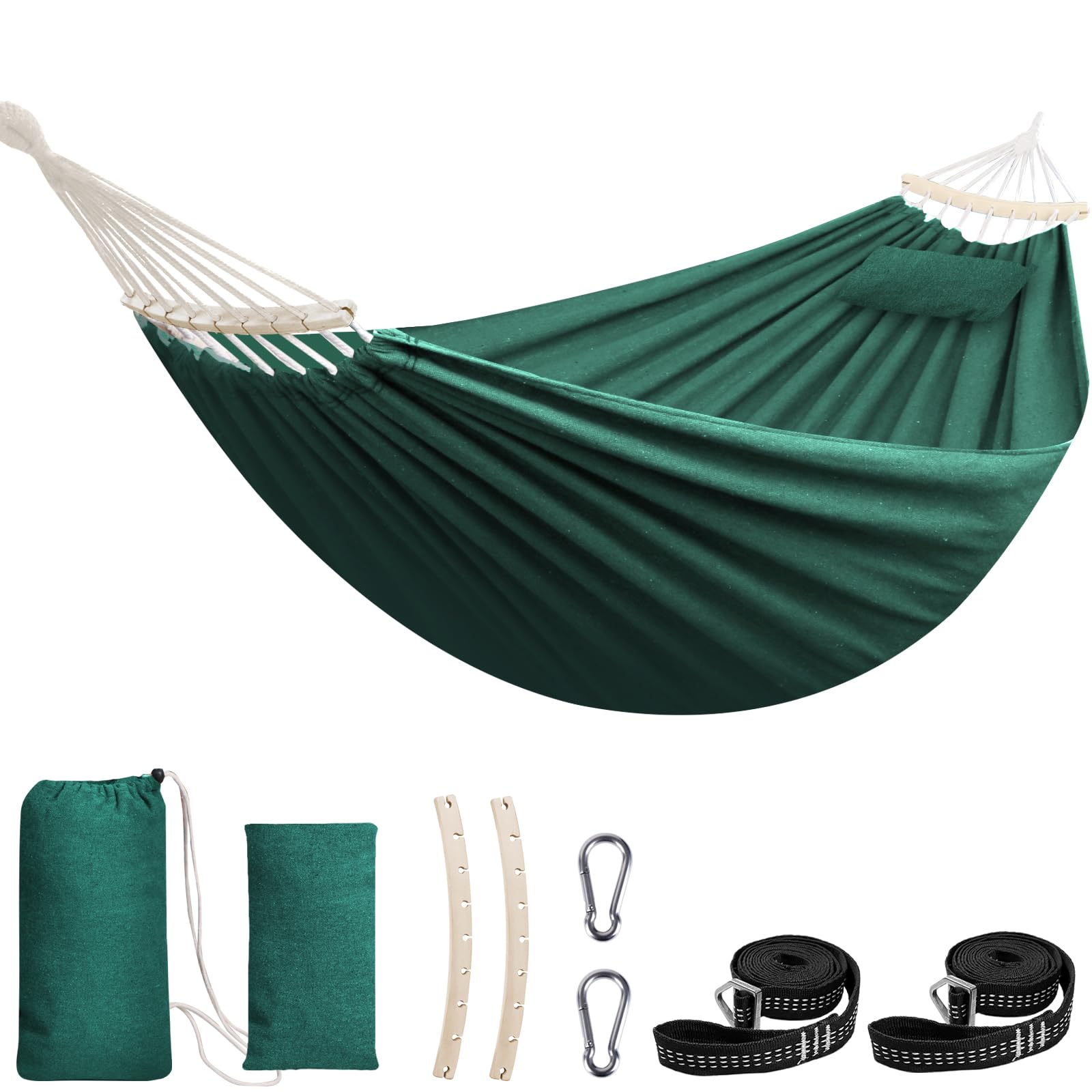 Chihee Cotton Hammock Large Soft Breathable Camping Hammock Holds Up to 660lbs Portable Tree Hammocks with Detachable Spreader Bar Pillow 2 Strong Webbings 2 Carabiners Patio Garden Indoor Outdoor