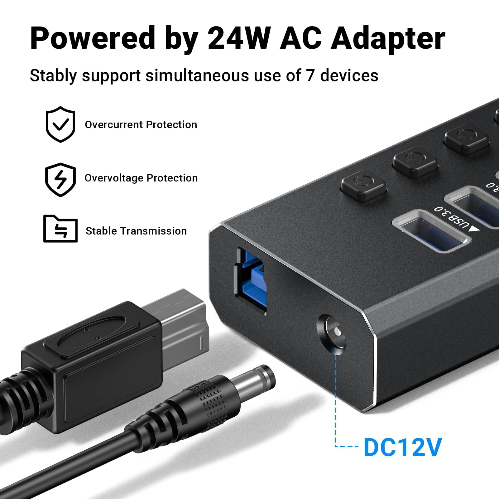 Hub USB 3.0 alimenté en aluminium, 7 ports USB SuperSpeed avec adaptateur d'alimentation 12 V/2 A et interrupteur marche/arrêt individuel pour Surface Pro, Windows, PC, ordinateur portable, ordinateur