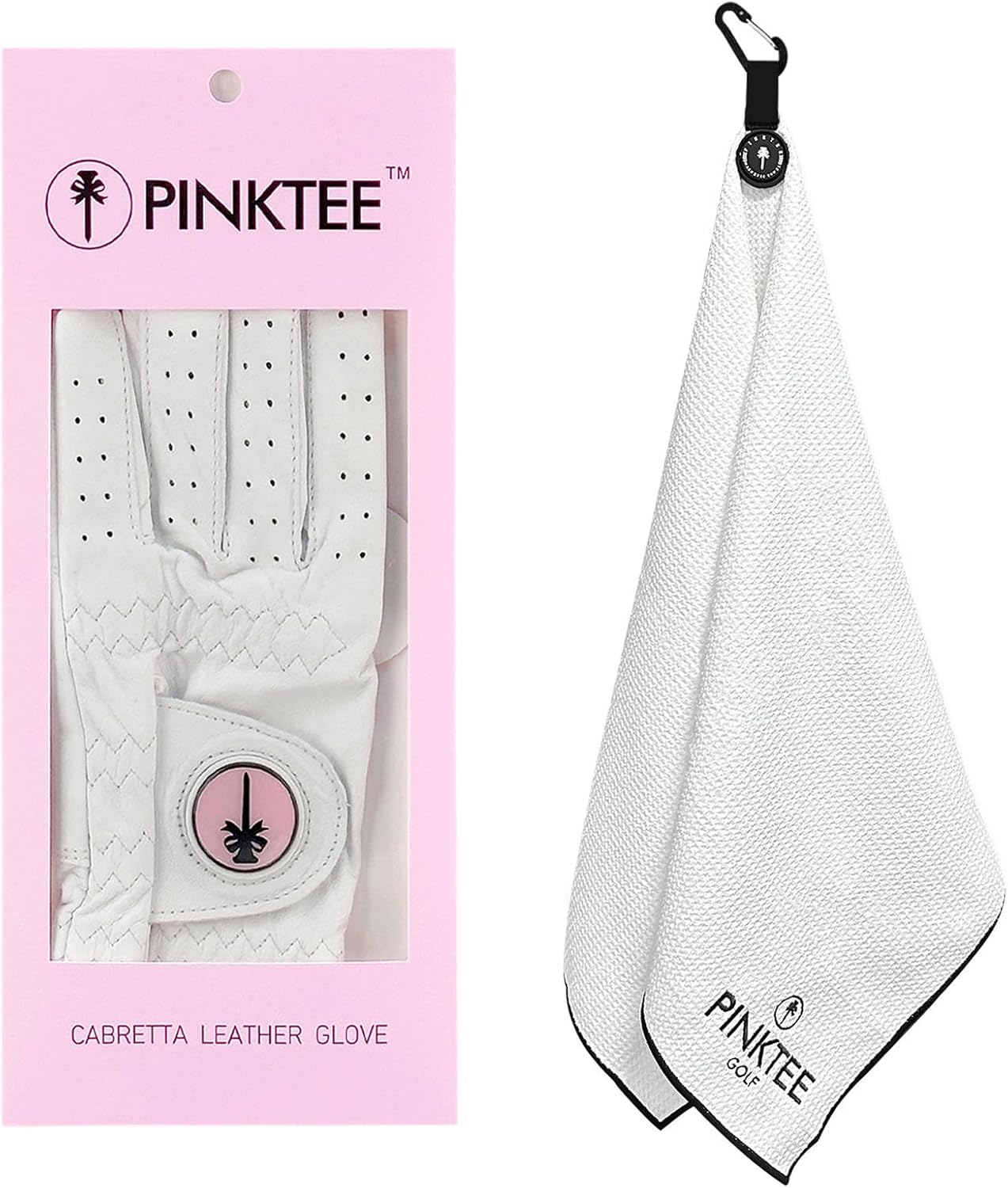 PINKTEE Women Cabretta Leather Golf Gloves with Magnetic Golf Towel, Size S