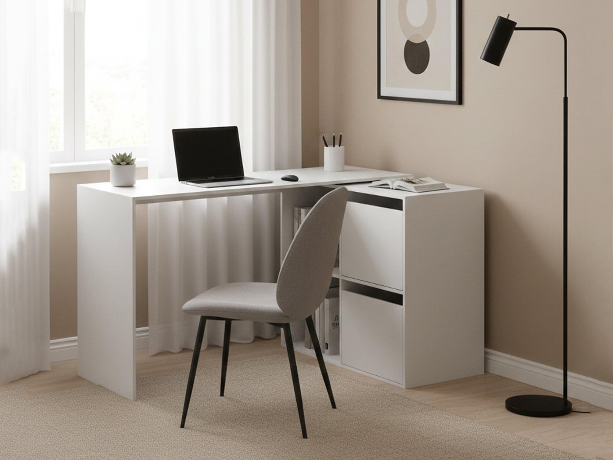 Dmora - Scrivania Milwaukee, Scrittoio multifunzione modulare con scaffale, Tavolo da studio o ufficio multiposizione con montaggio ad angolo, 152x49h74 cm, Bianco