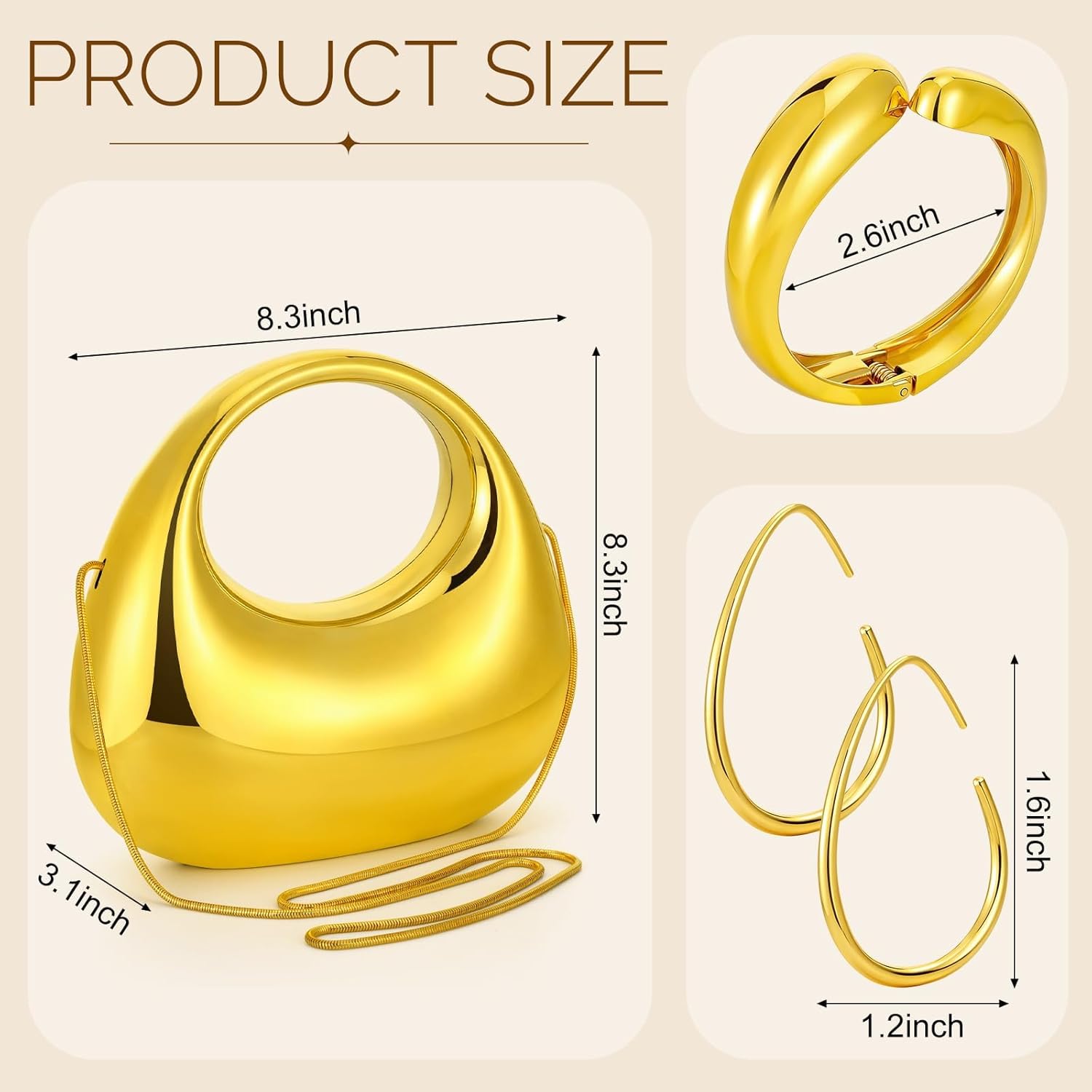 3 Pcs Gold Purse Clutch Jewelry Set for Women Acrylic Clutch Bracelet Earring Gold Accessories Evening Bag Satchel Crossbody Bags for Women Prom Party Wedding