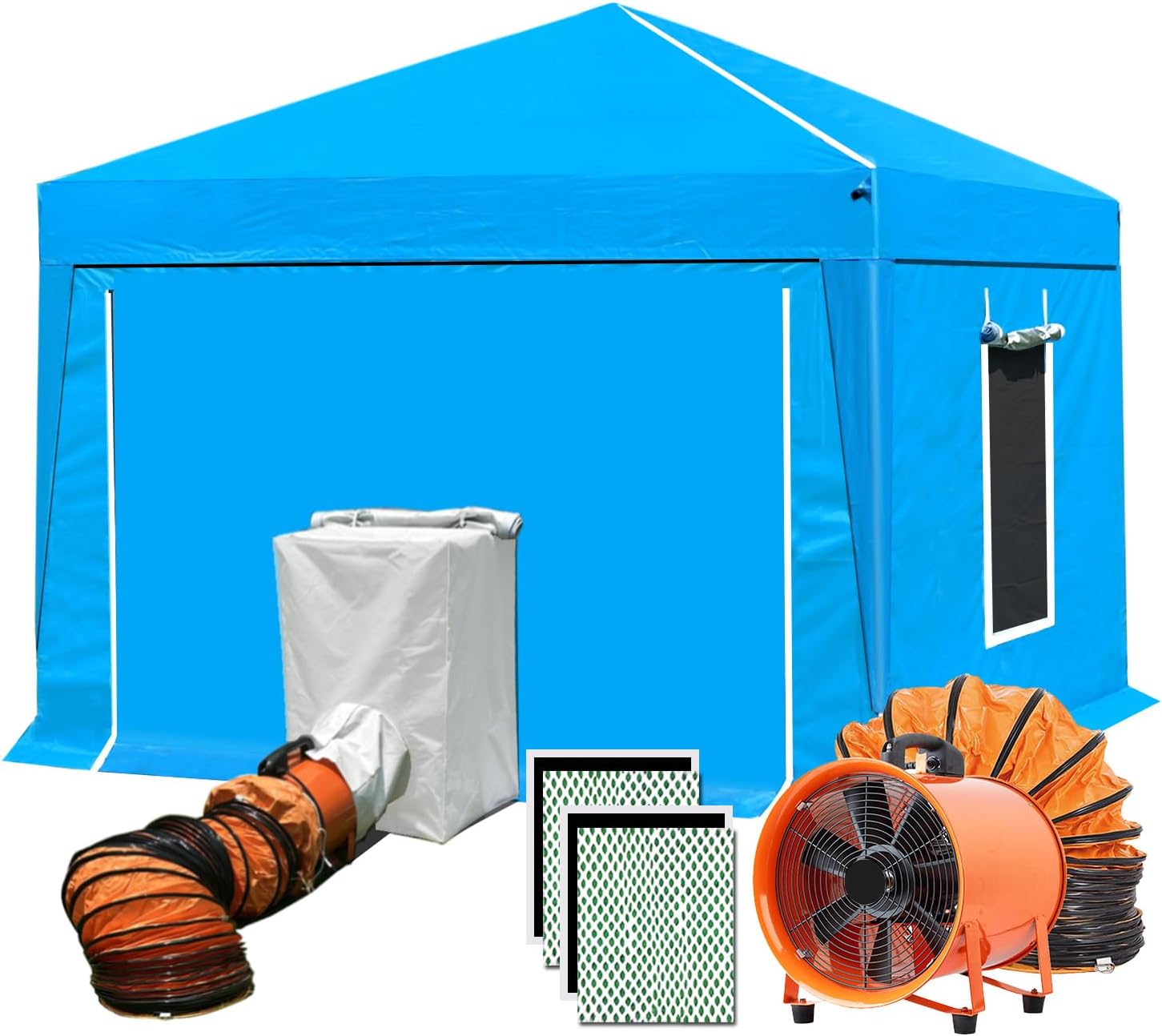10X10X9FT Waterproof Portable Paint Booth with 4pcs Air Filters & 12'' Exhaust Fan with 33ft Ducting Hose Rainproof Spray Booth for Auto Parts, Furnitures and Other Items Painting (Blue)