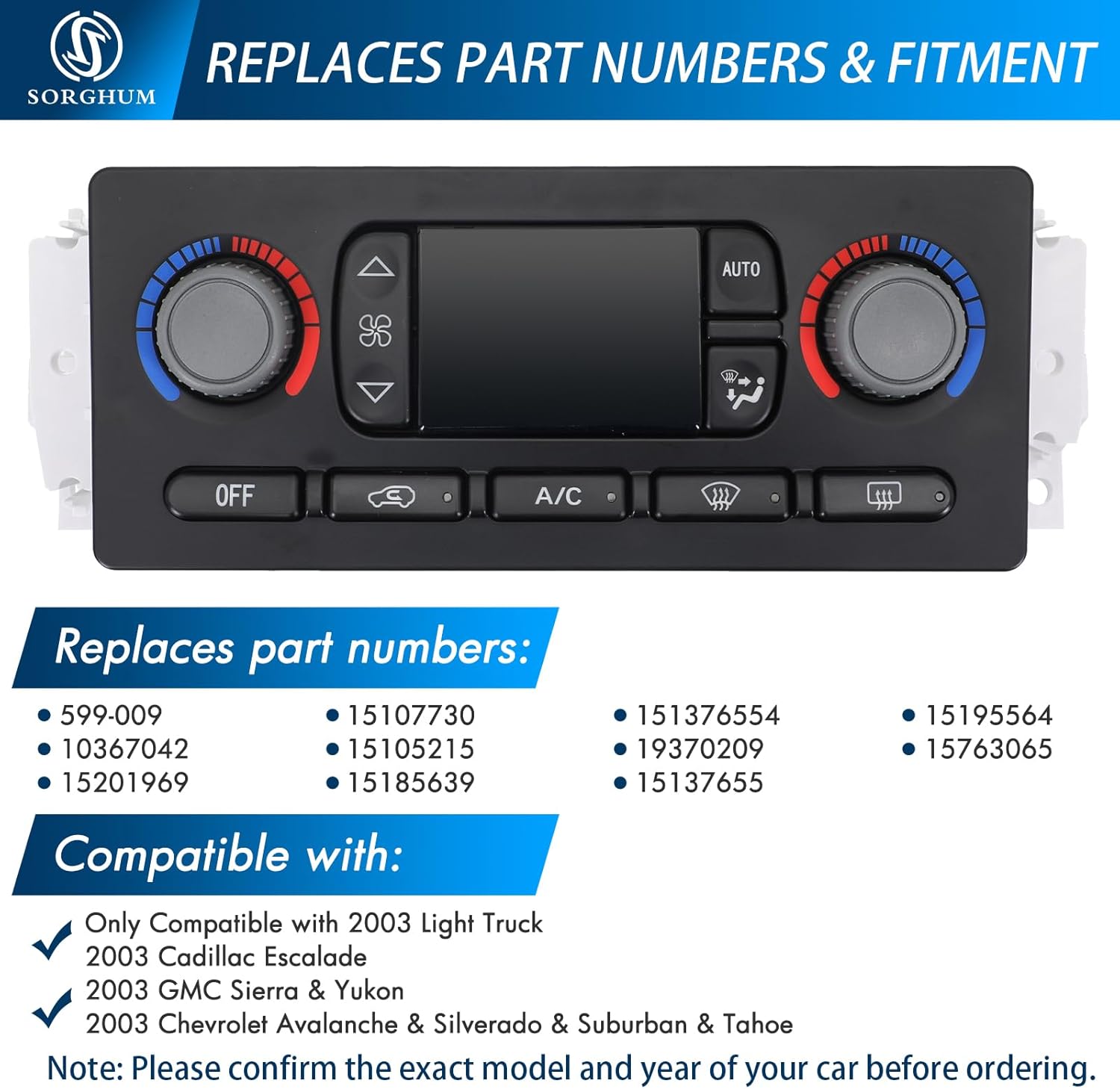 Sorghum Climate Control Module - A/C Control Panel Module Compatible with GMC Sierra Yukon Chevrolet Avalanche Silverado Suburban Tahoe Cadillac Escalade 2003 Light Truck Replace OEM 599-009 10367042