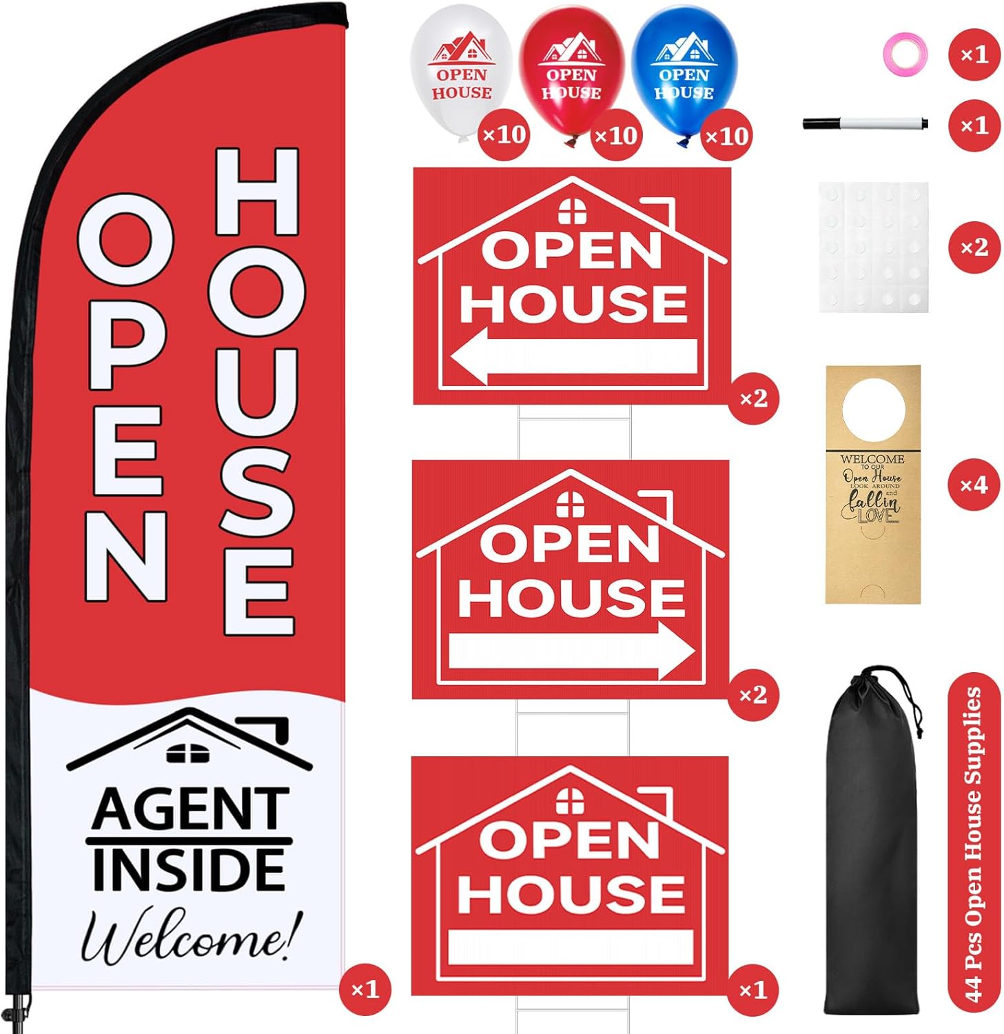 44 Pcs Open House Signs for Real Estate Agent Supplies, Double Sided Open House Flag with Poles Kit, 7.6 x 5.4 Ft Red Opening Sign Banner Set, 5 Pack Yard Signs with Metal Stakes 30 Balloons