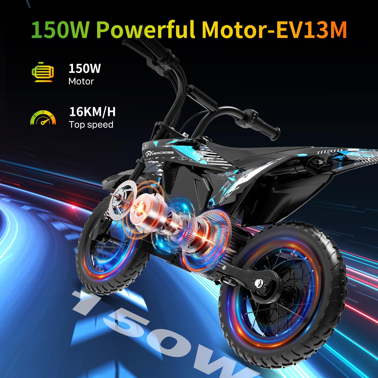 Moto elettrica per bambini EVERCROSS EV13M con pneumatici larghi 12”, modalità di velocità 8/16KM/H e autonomia 12KM, sistema frenante a disco, per bambini di età compresa tra 3 e 7 anni